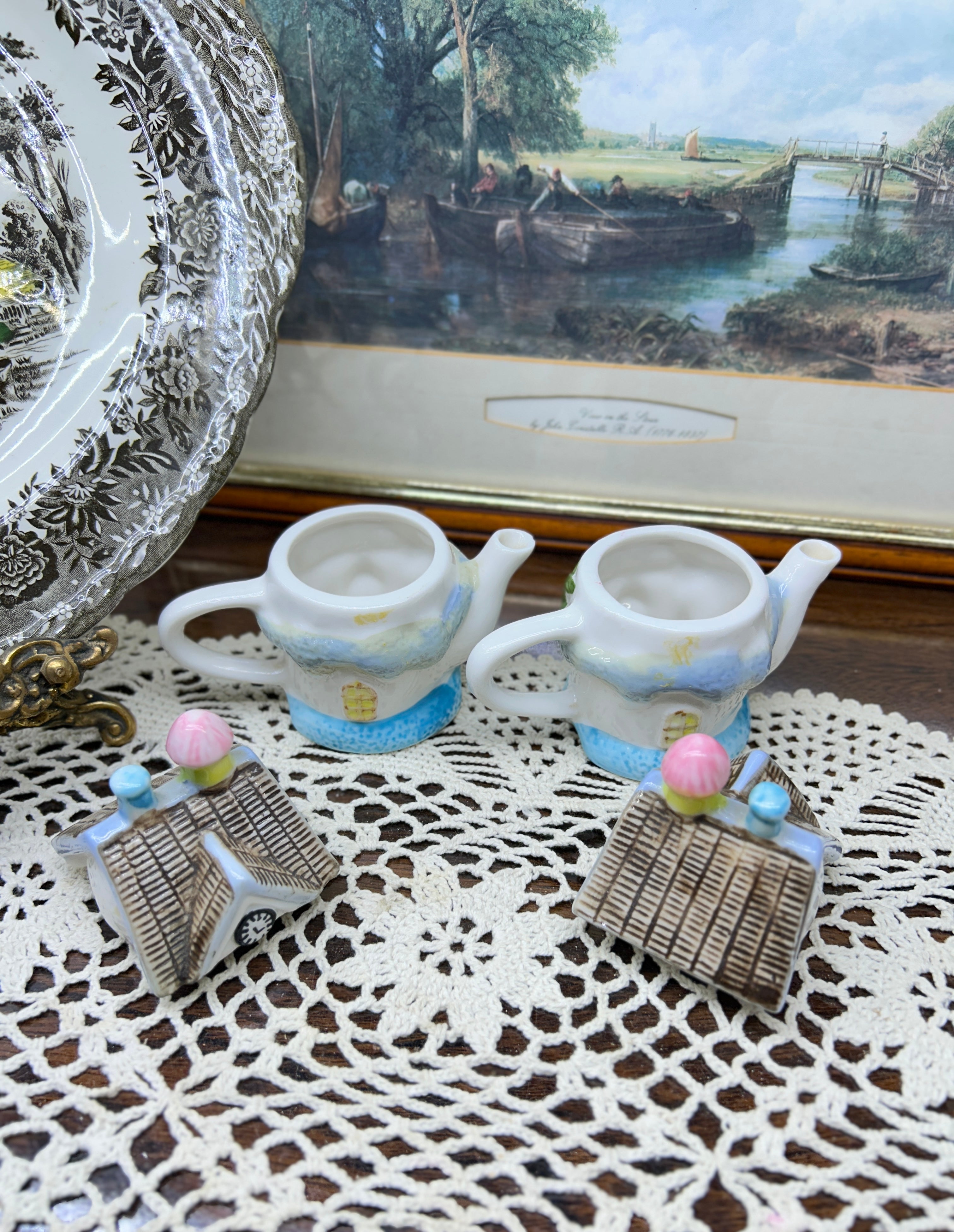 Vintage miniature milk jug teapot English cottages — hand painted porcelain PAIR