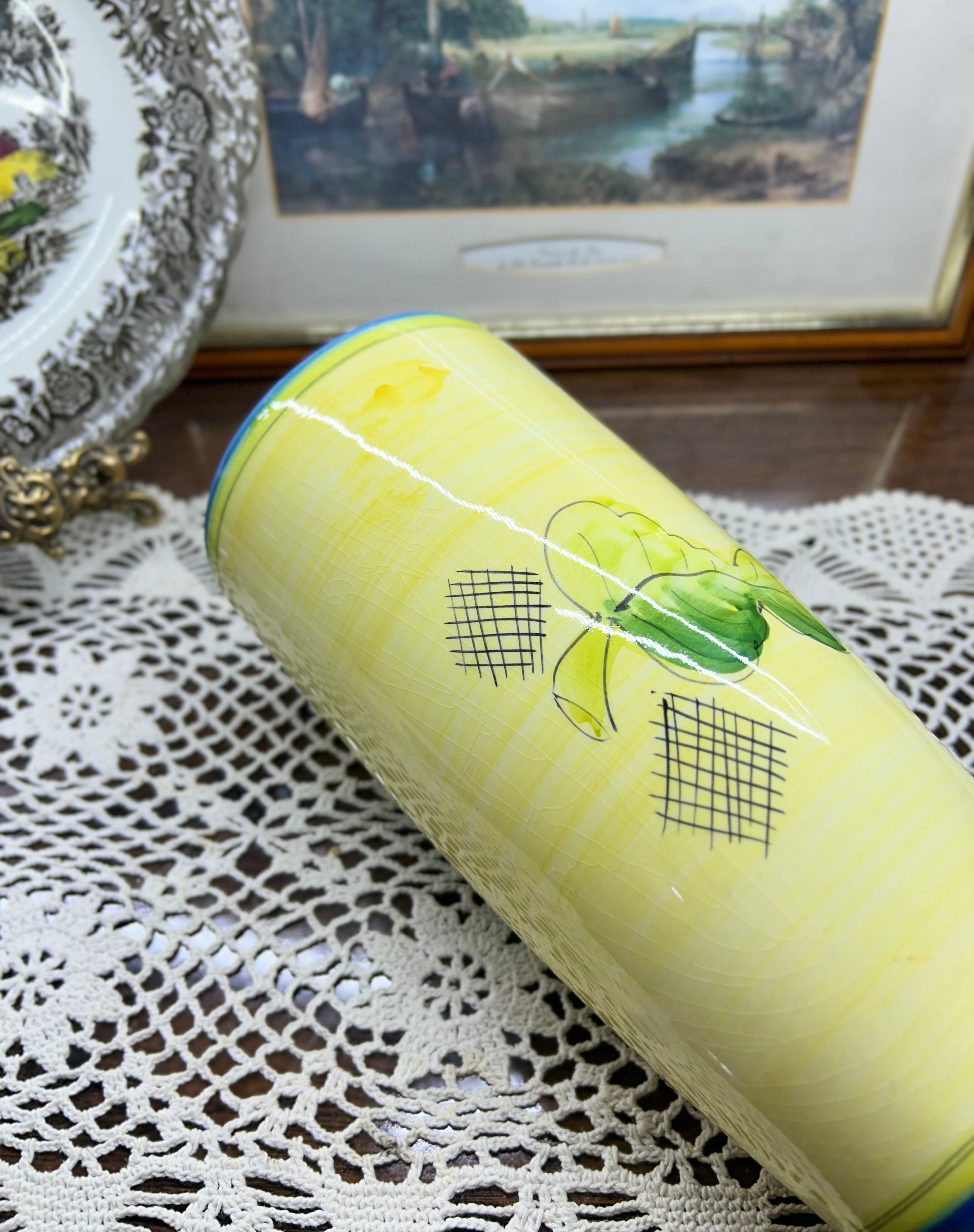 Artisanal pottery ceramic tall vase —  featuring a hand-painted botanical design 12”