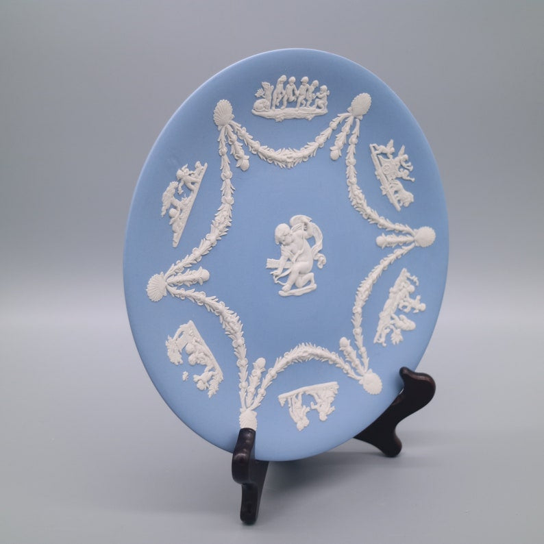 Vintage Wedgwood blue jasperware display plate — featuring classical white bas-relief cherub scenes (RARE FIND)