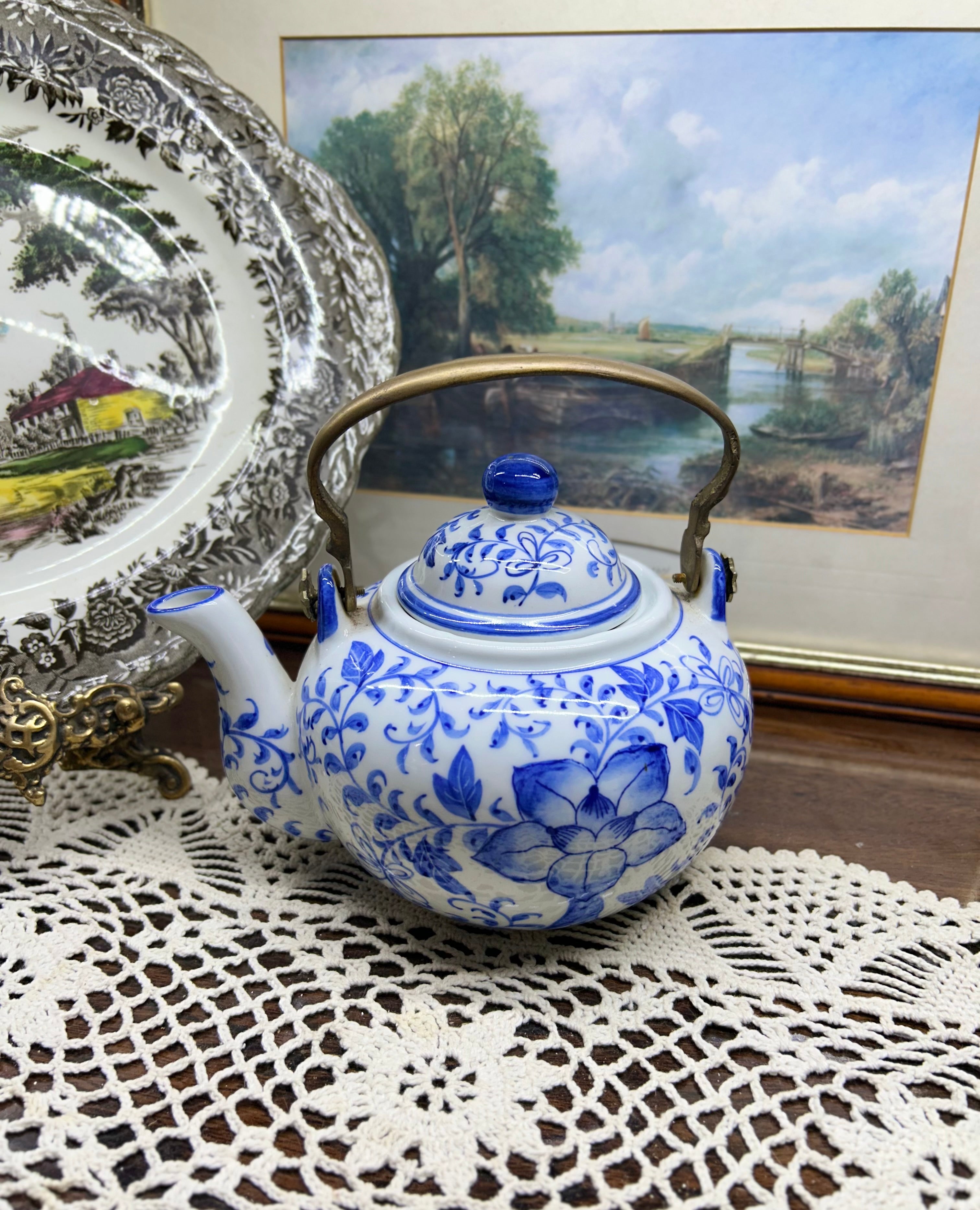 Vintage Chinese hand-painted teapot with brass handle