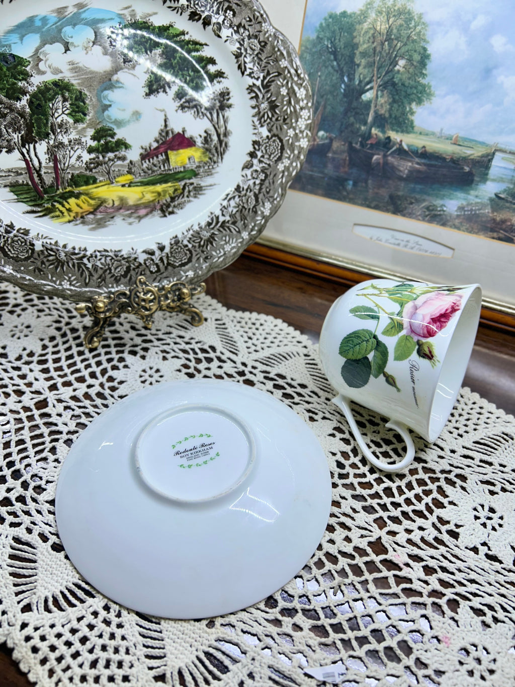 Vintage Roy Kirkham “Redouté Roses” Large Pink Moss Rose Teacup & Saucer— England