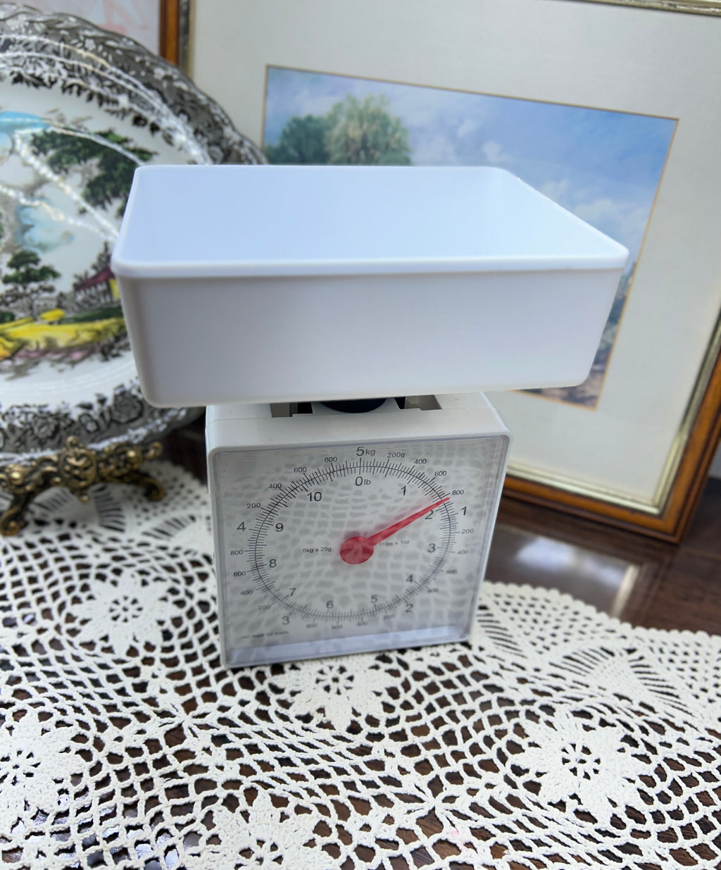 Woolworths Cook Essentials mechanical kitchen scale with a 5kg/11lb capacity — boxed