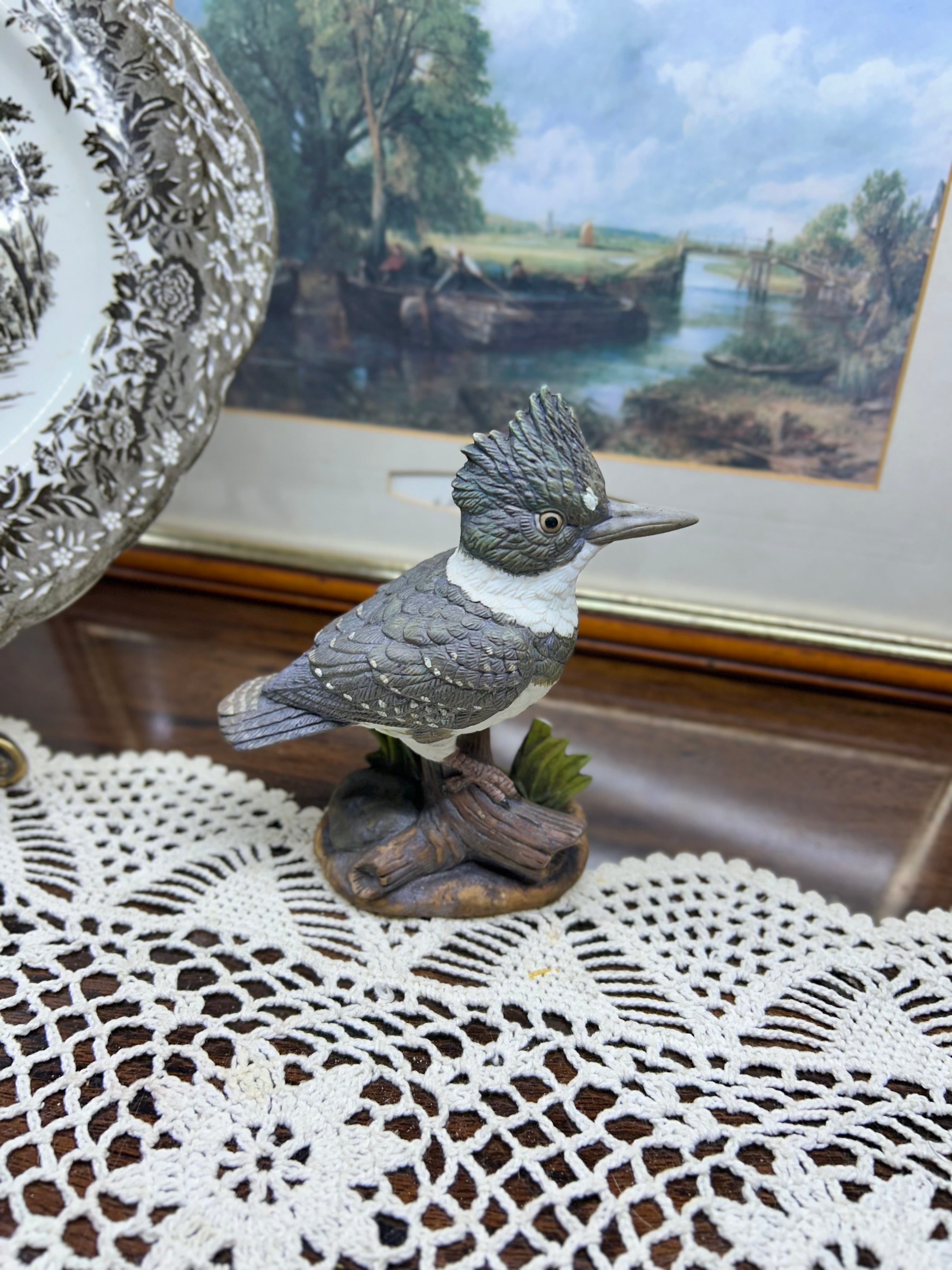 Vintage ceramic belted kingfisher figurine — handpainted ceramic