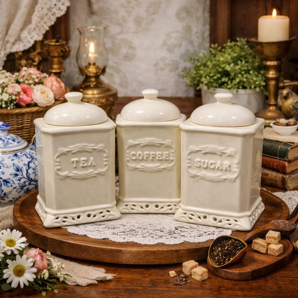 Vintage French style white ceramic canisters with embossed labels and cut-out bases — SET OF 3
