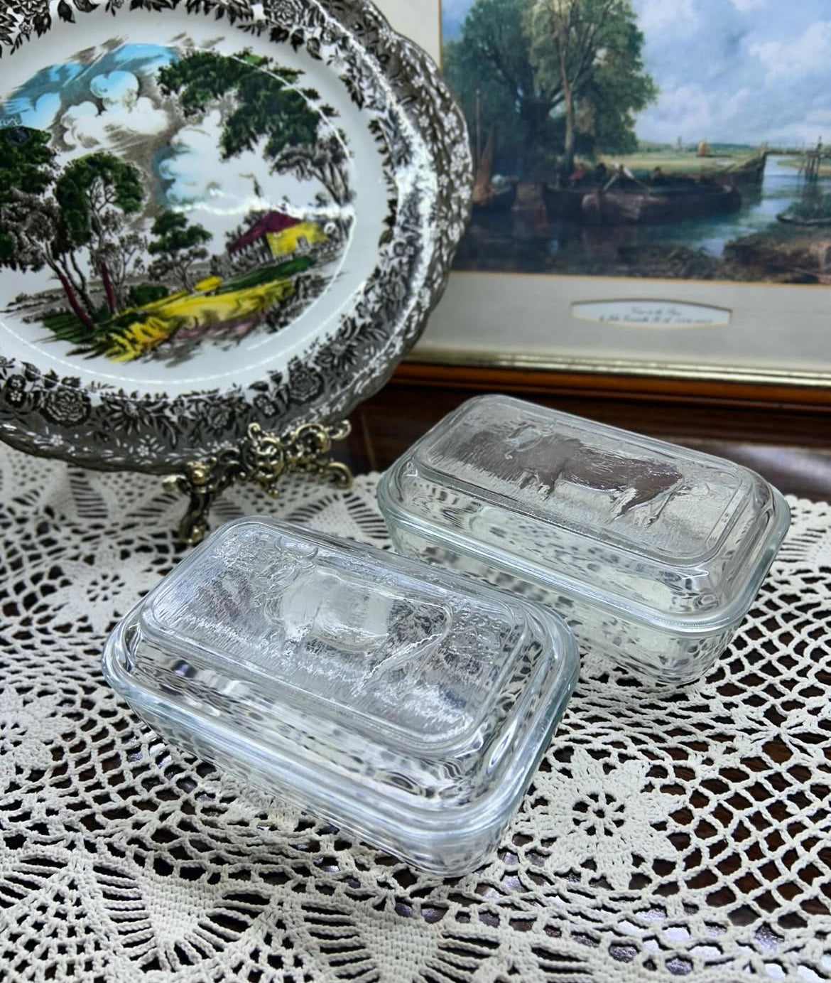 vintage FRENCH GLASSWARE Arcoroc tempered glass cow butter dishes