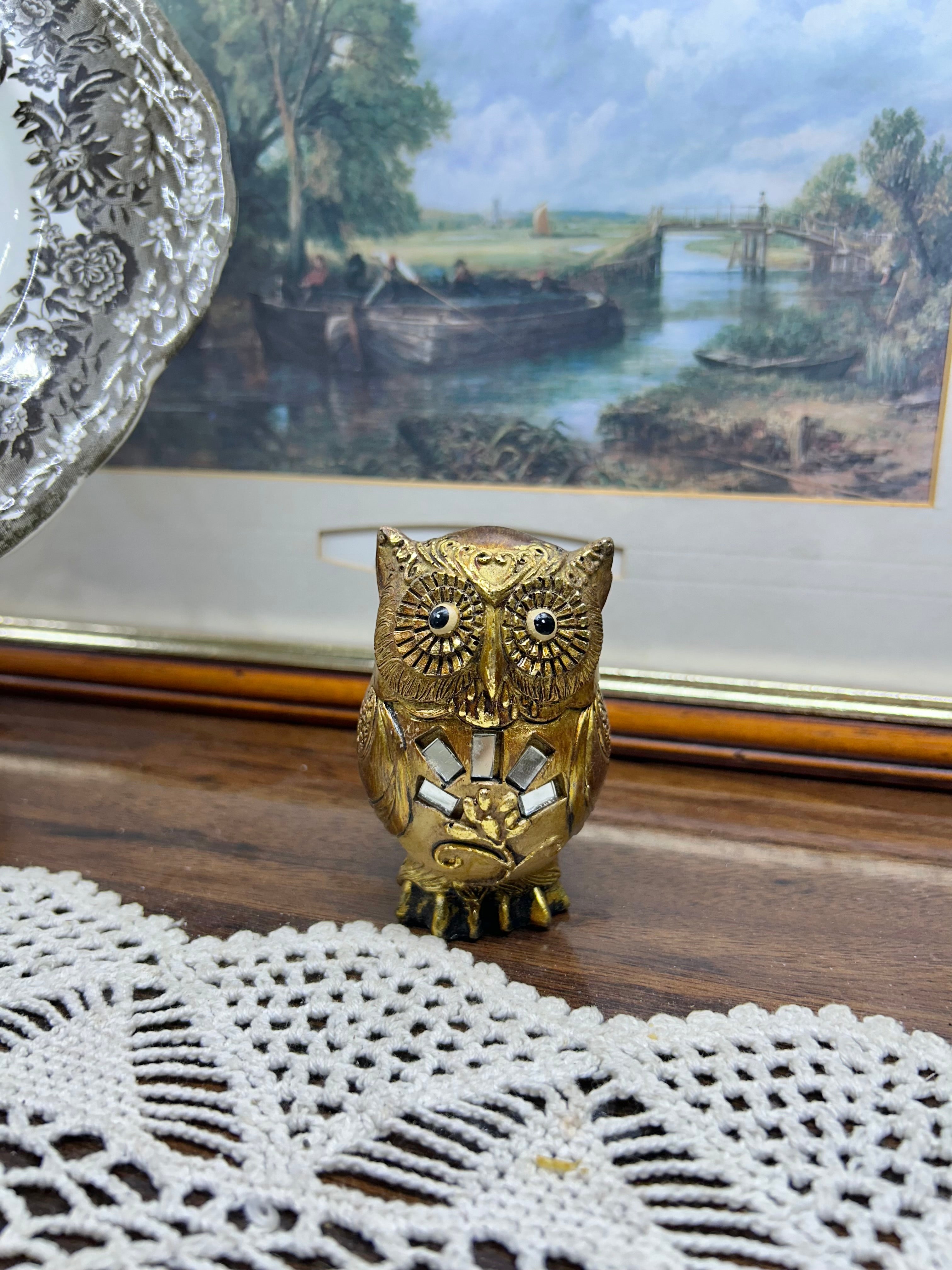 Decorative hand-painted gold owl figurine