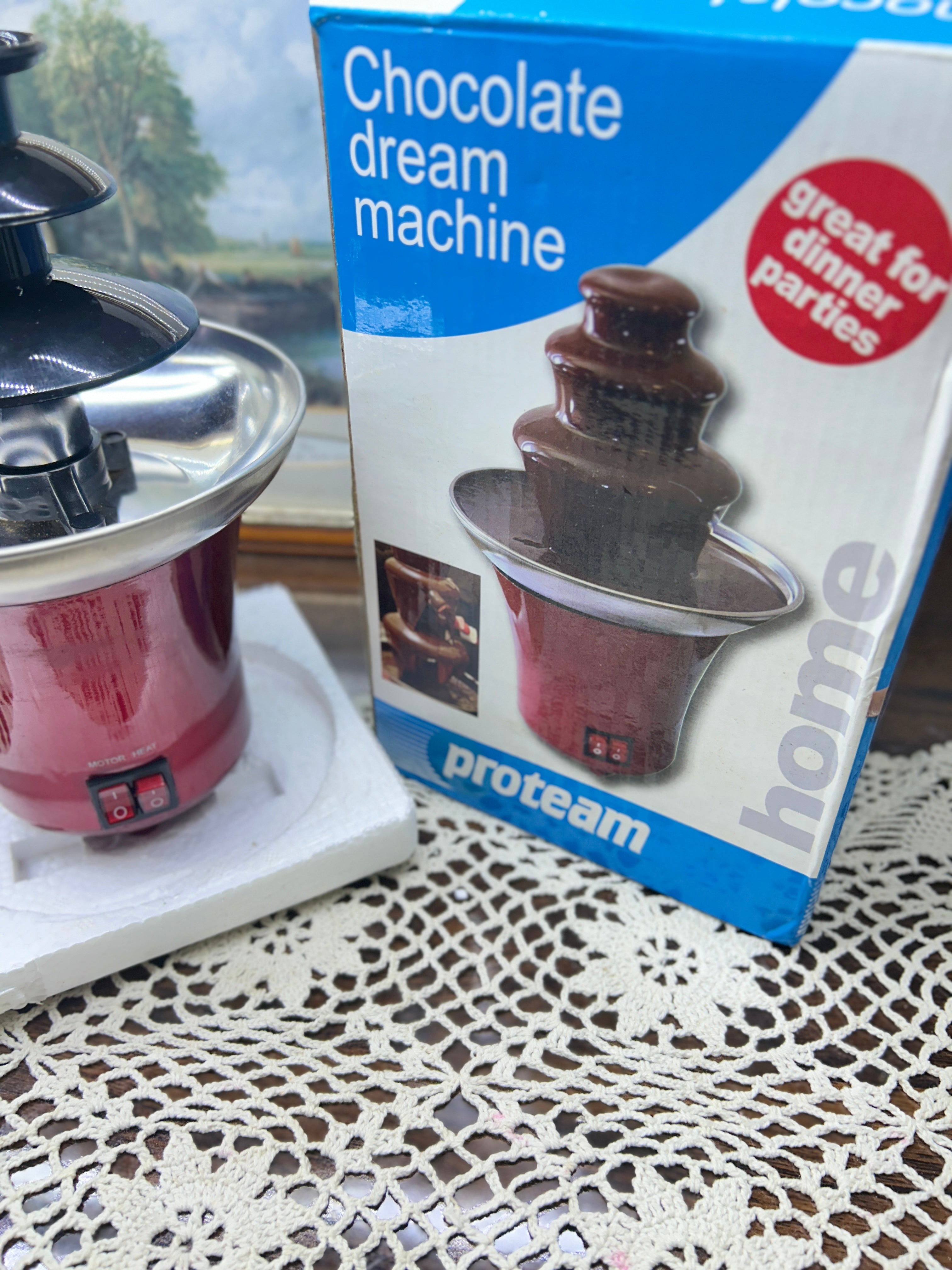 Proteam Chocolate Dream Machine, a mini electric 3-tier fondue fountain designed for dipping fruits and treats — boxed