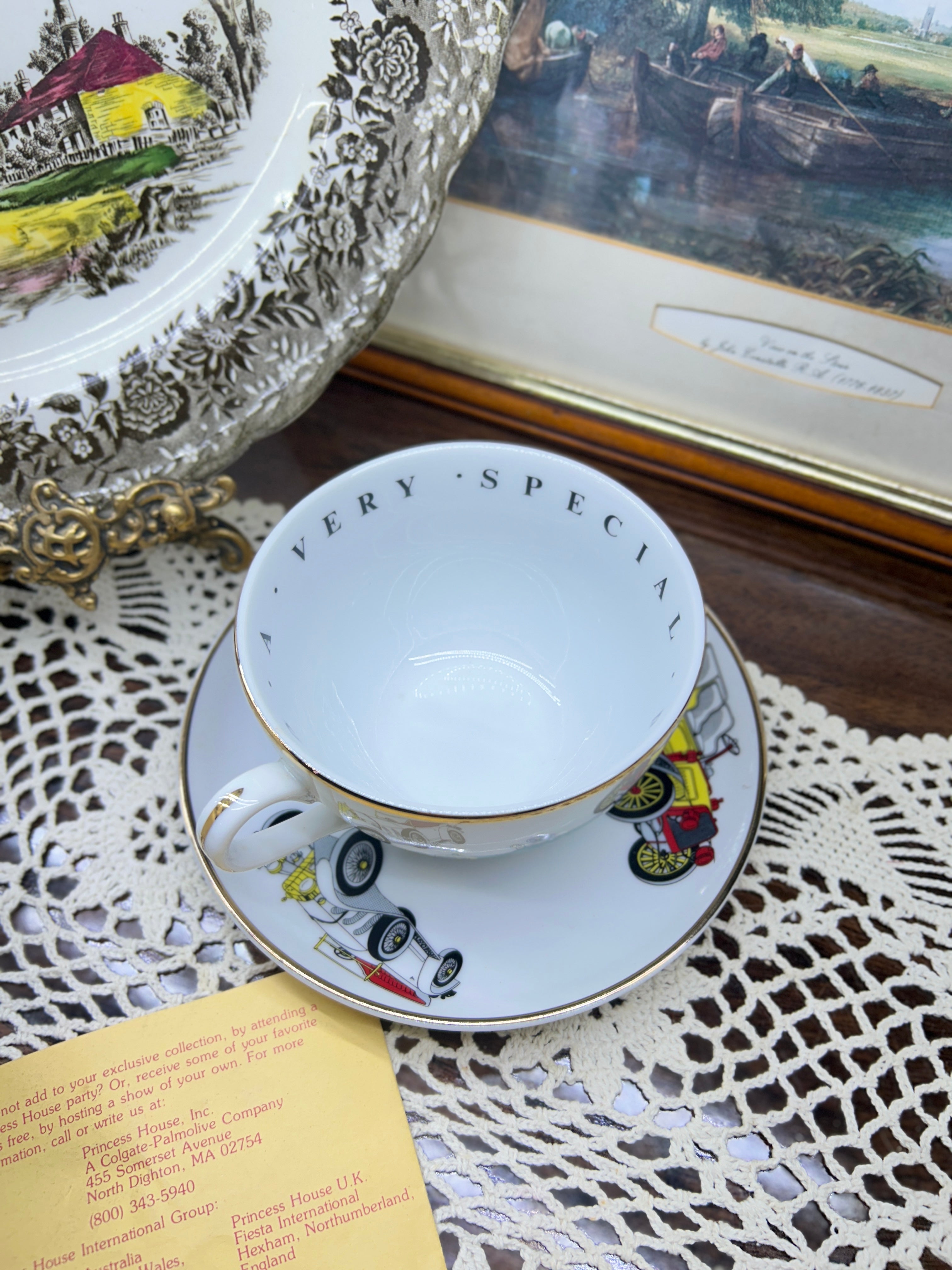 vintage Princess House cup and saucer set with antique car illustrations — Rare find