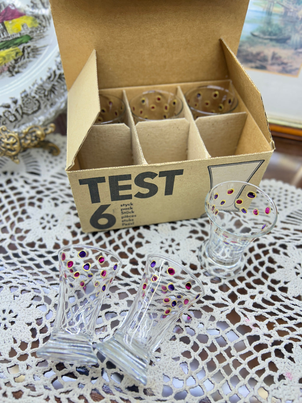 IKEA Art Déco 1950s shot glasses with colorful confetti dot design — boxed