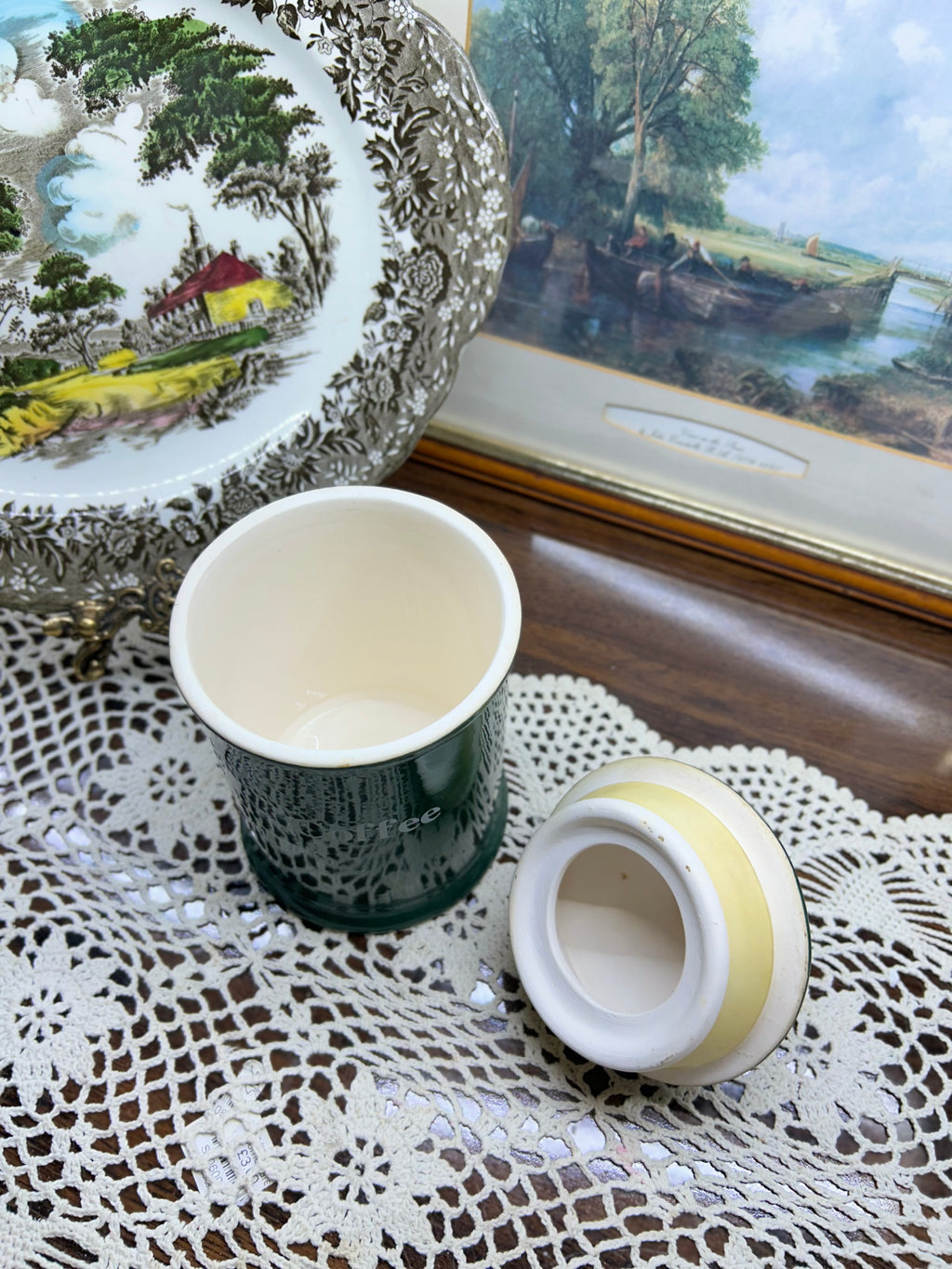 vintage green and gold ceramic coffee canister from a set manufactured by Hornsea Pottery