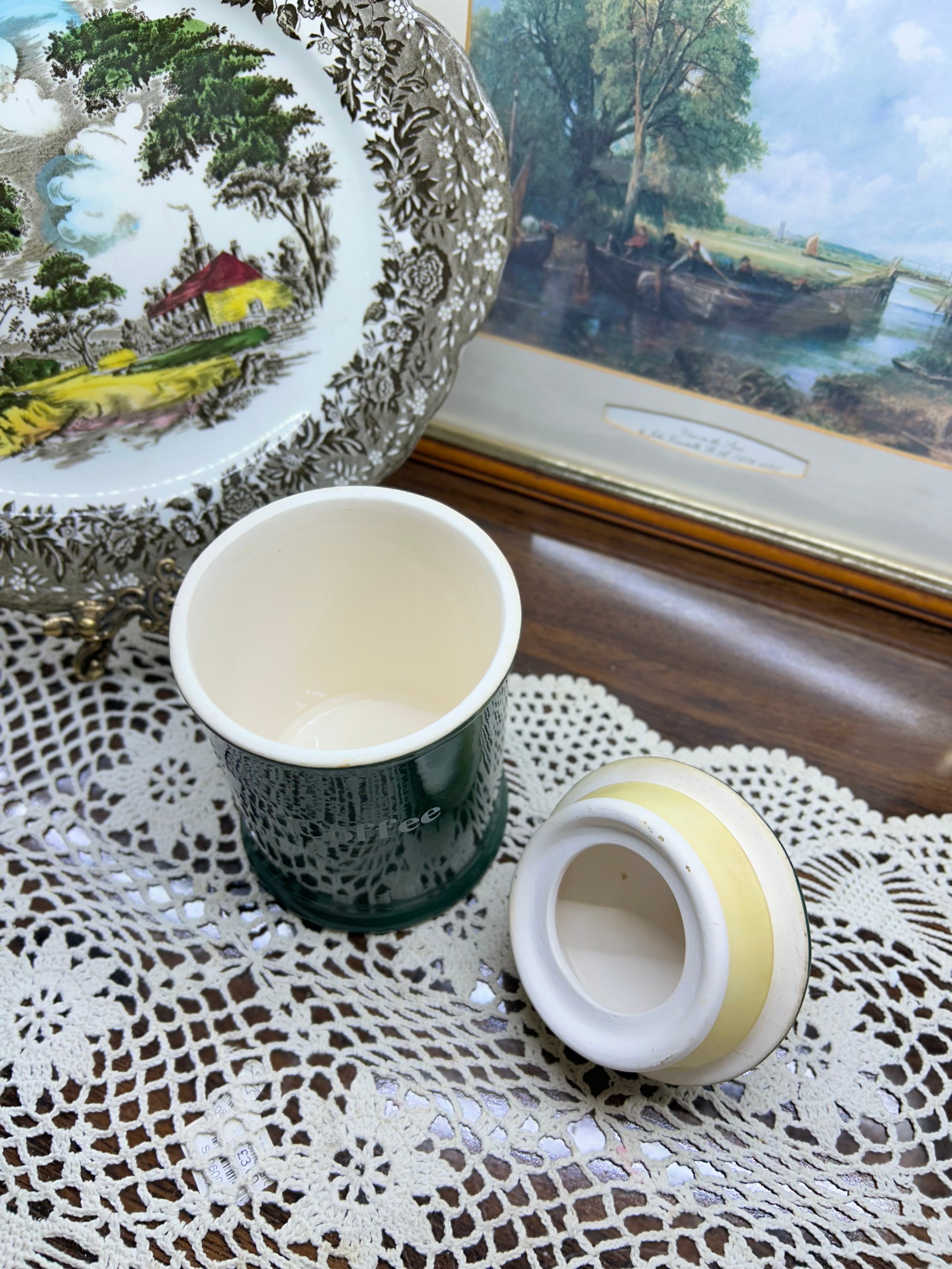 vintage green and gold ceramic coffee canister from a set manufactured by Hornsea Pottery