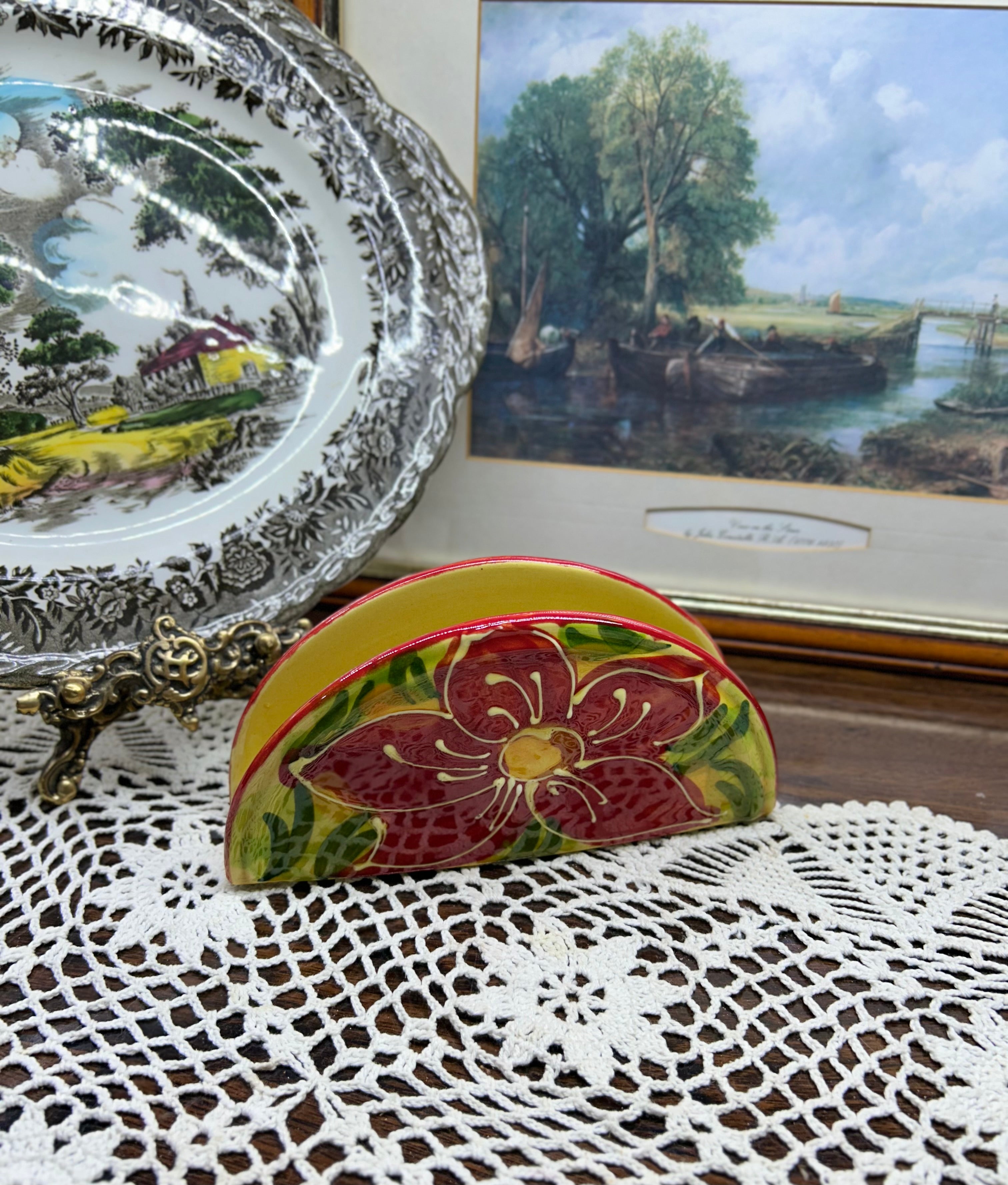 Hand-painted Italian ceramic napkin holder — featuring a hand-painted Tuscan floral motif.