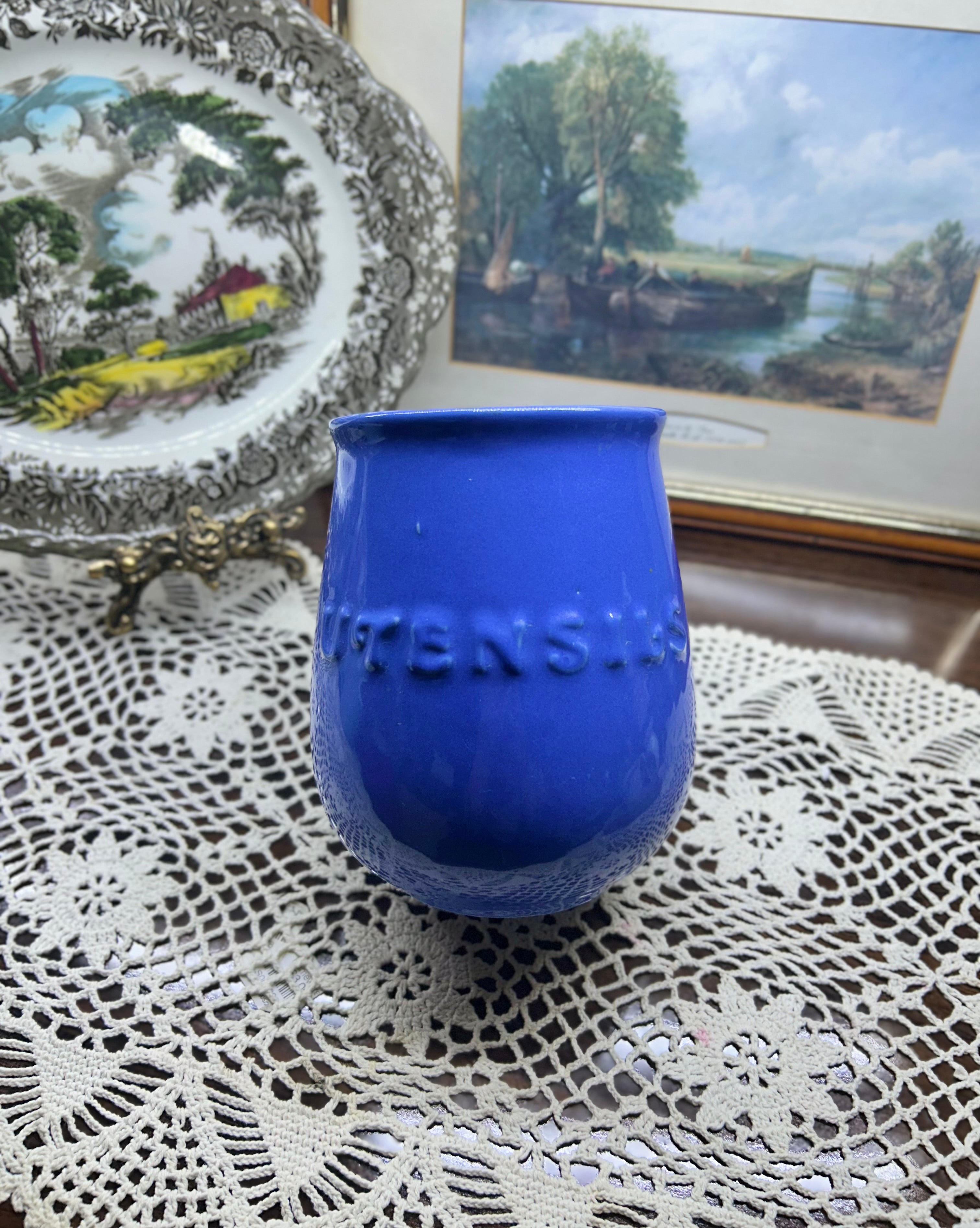 vintage cobalt blue ceramic stoneware utensil holder