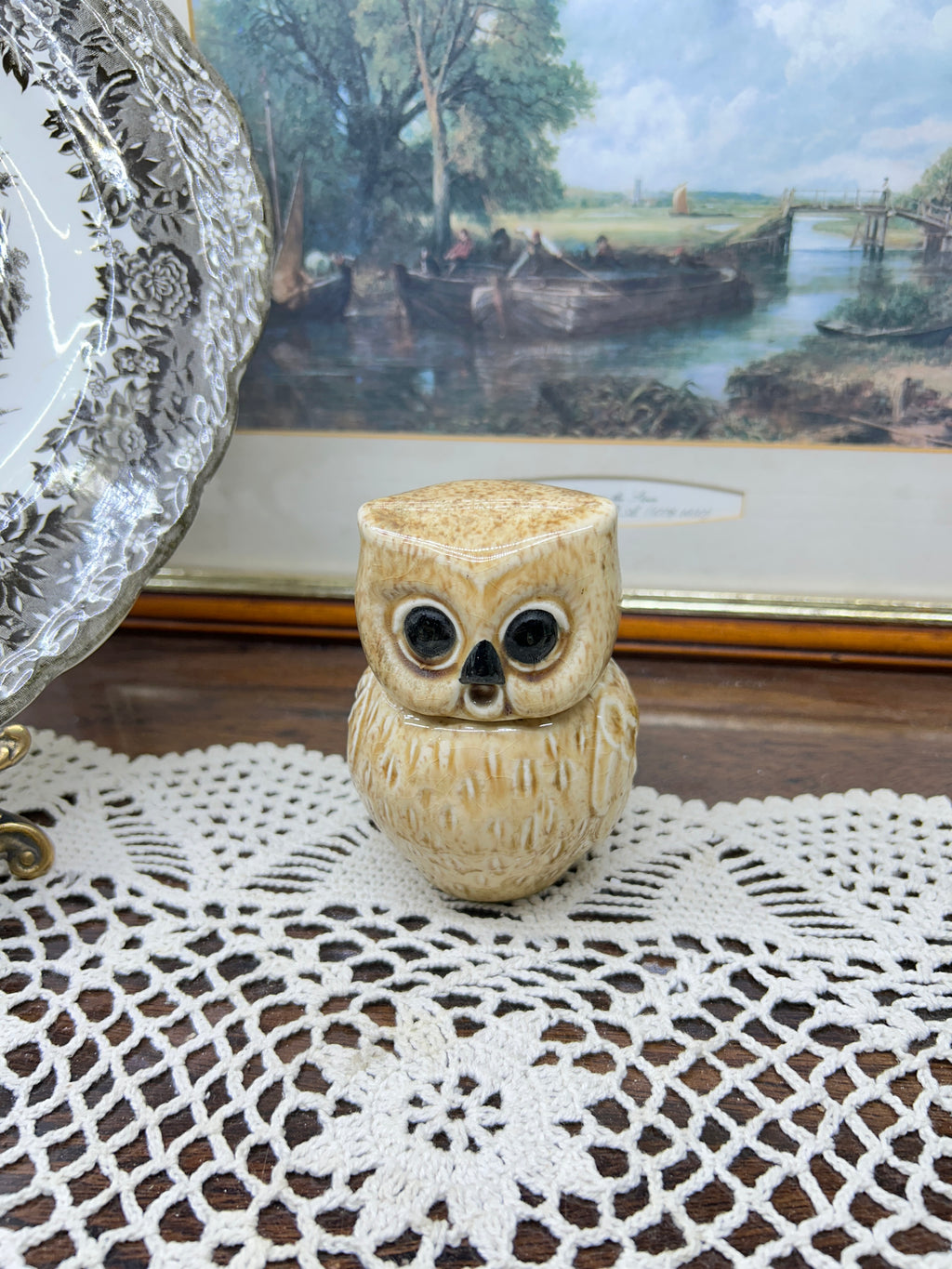 Decorative porcelain owl shaped mini jar — England 4”
