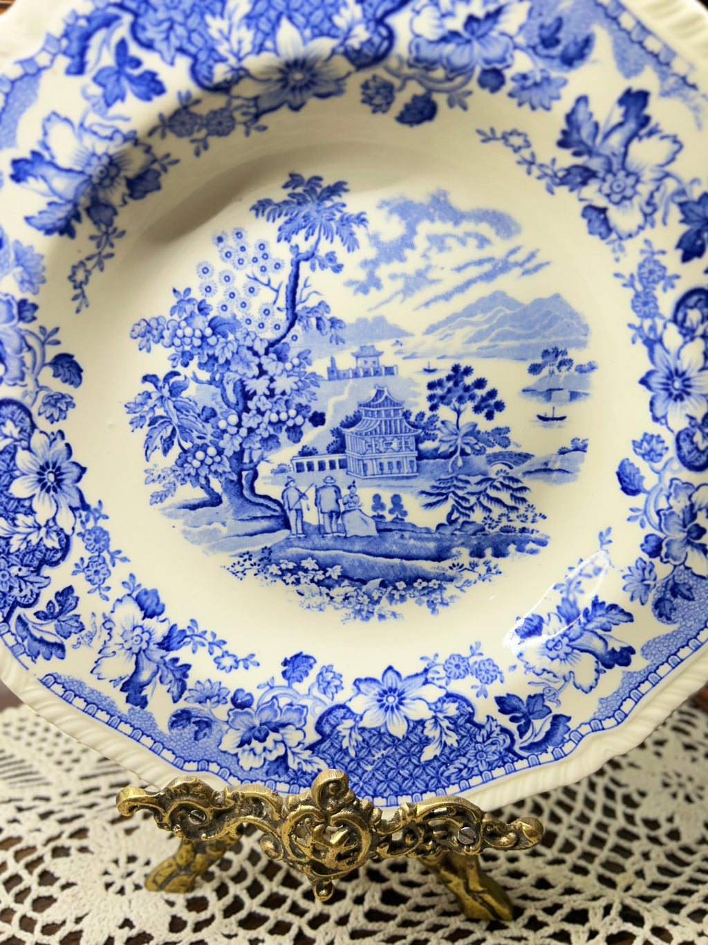 Wood & Sons Seaforth Blue and White Rimmed Soup Bowl, featuring a transferware design of oriental parks and lakes