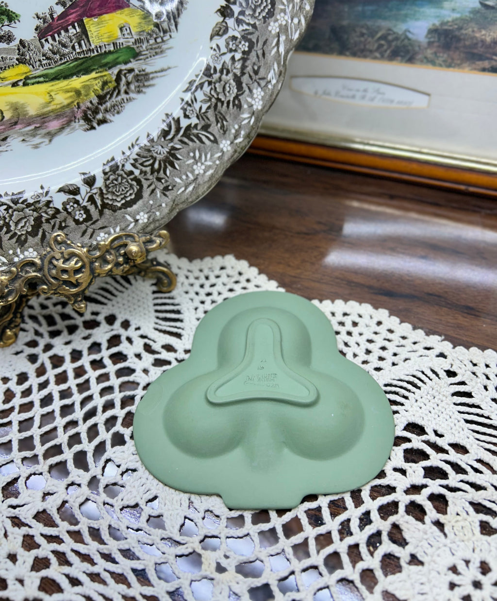Vintage Wedgwood Sage Green Jasperware clover/club-shaped dish.