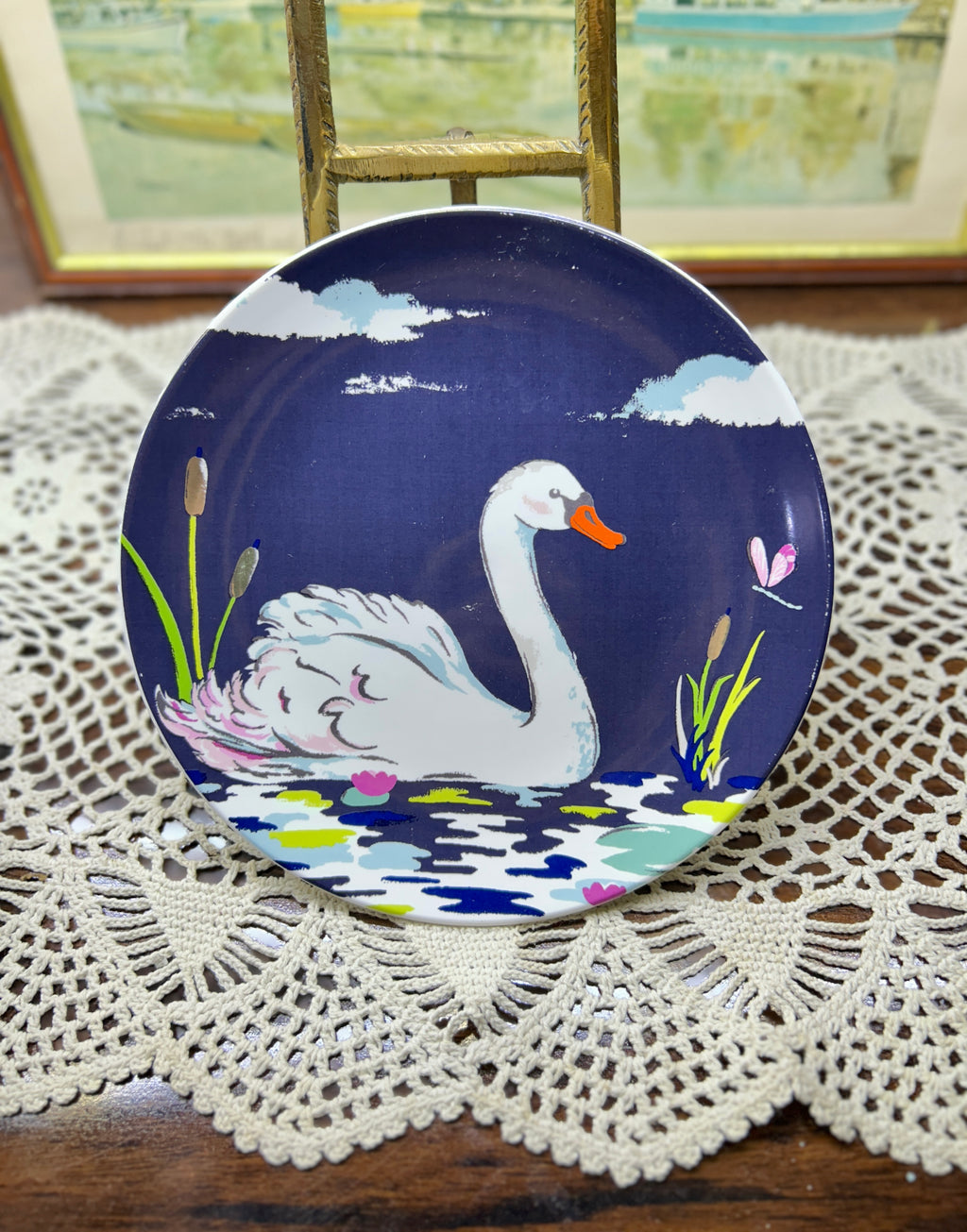 Vintage Cath Kidston swan-themed plate features a distinctive dark blue background with white clouds 7”