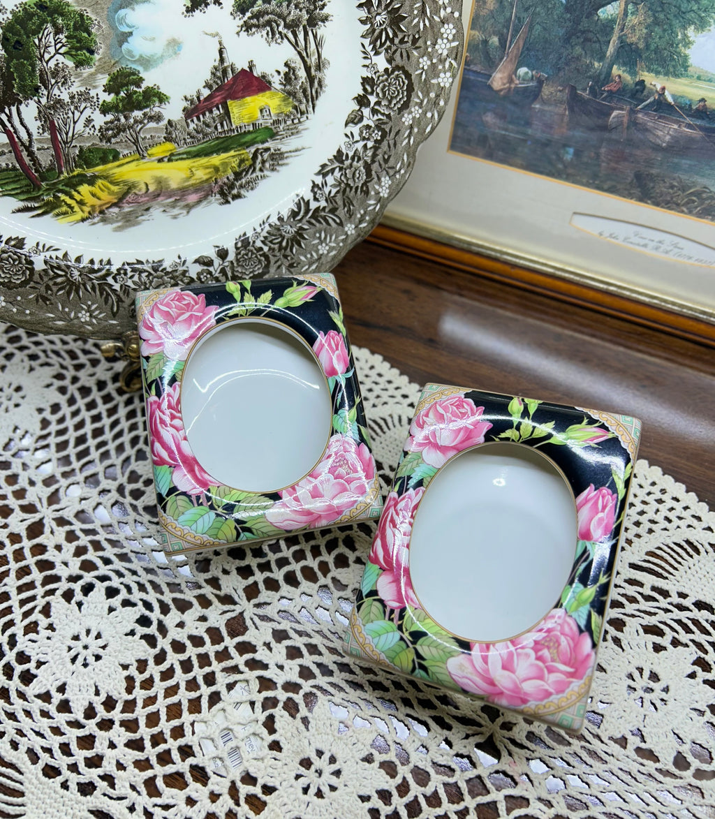 Vintage Lefton China porcelain picture frames with a hand-painted pink rose design — Set of 2 JAPAN