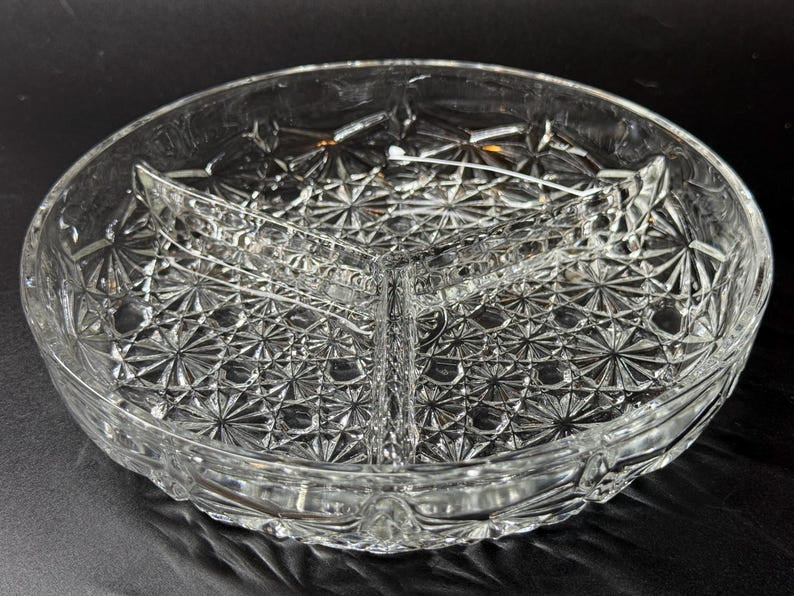 French Crystal Cut Glass “Daisy & button” divided dish — Boxed