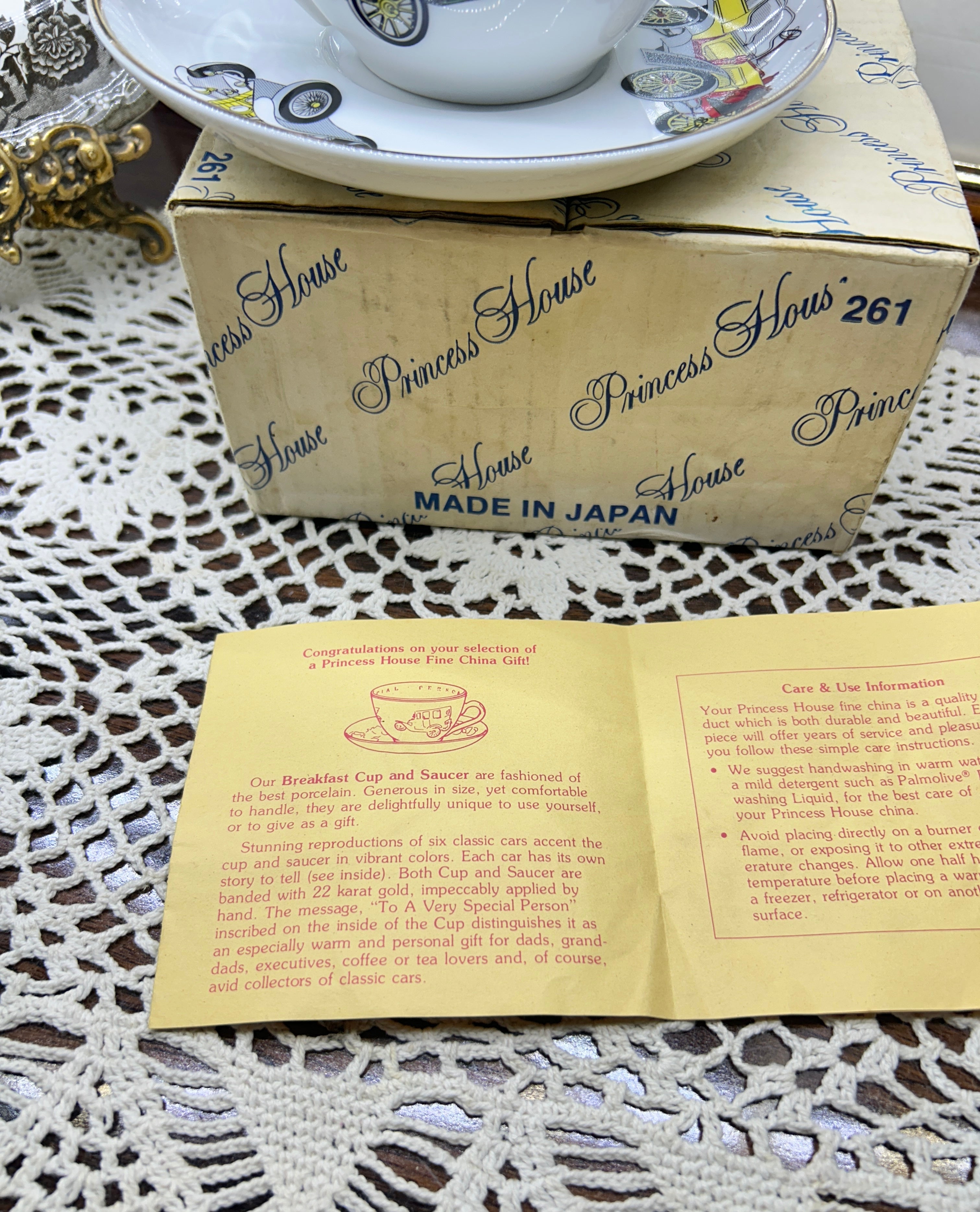 vintage Princess House cup and saucer set with antique car illustrations — Rare find