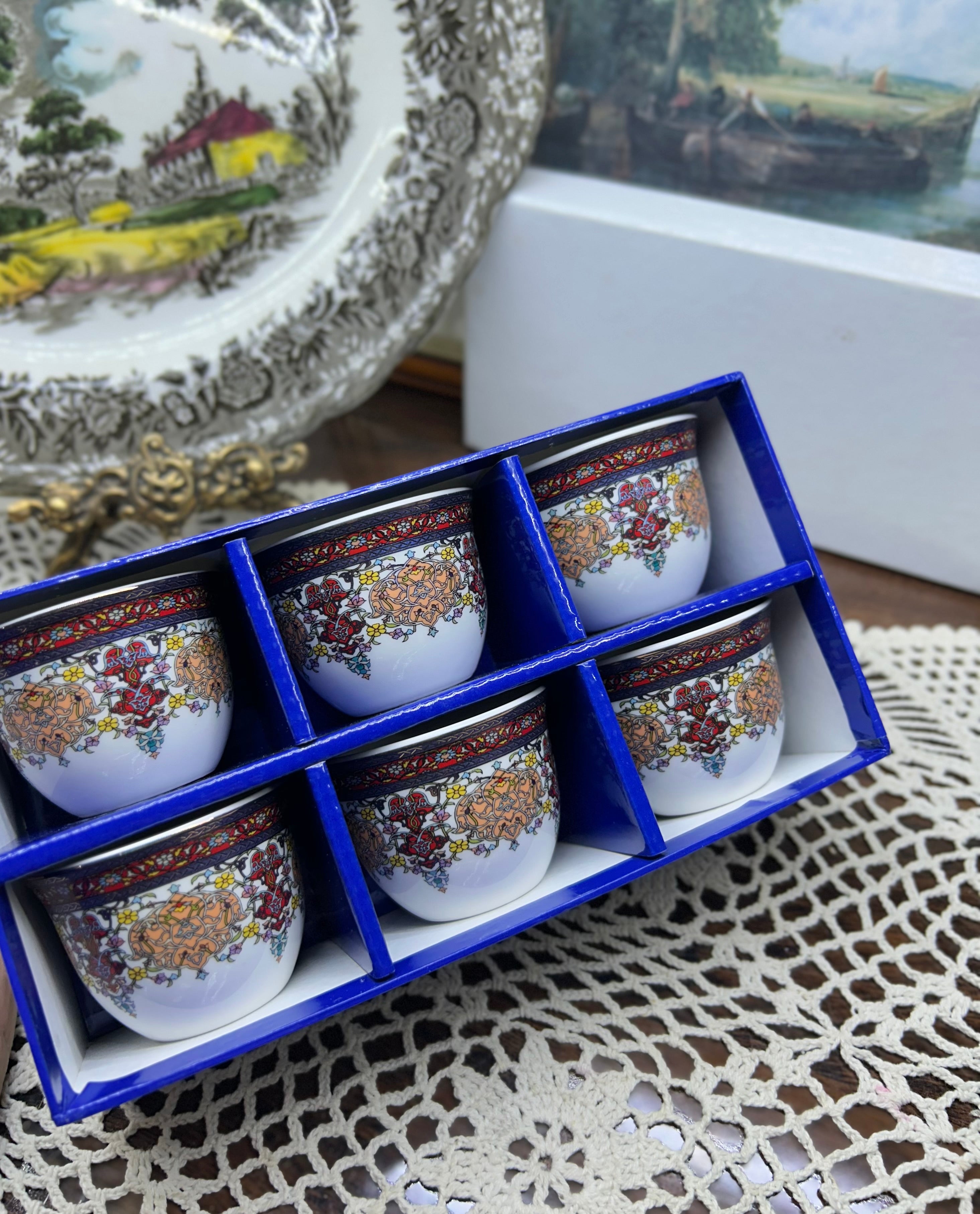Dukkani Istanbul porcelain coffee cups featuring intricate colorful patterns — Set of 6