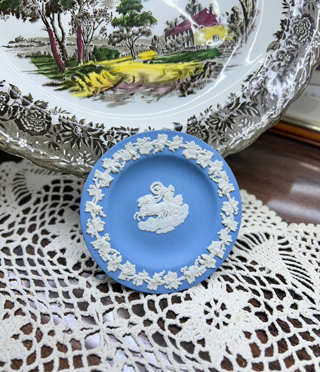 Wedgwood Blue Jasperware miniature plate — featuring a white classical chariot scene.