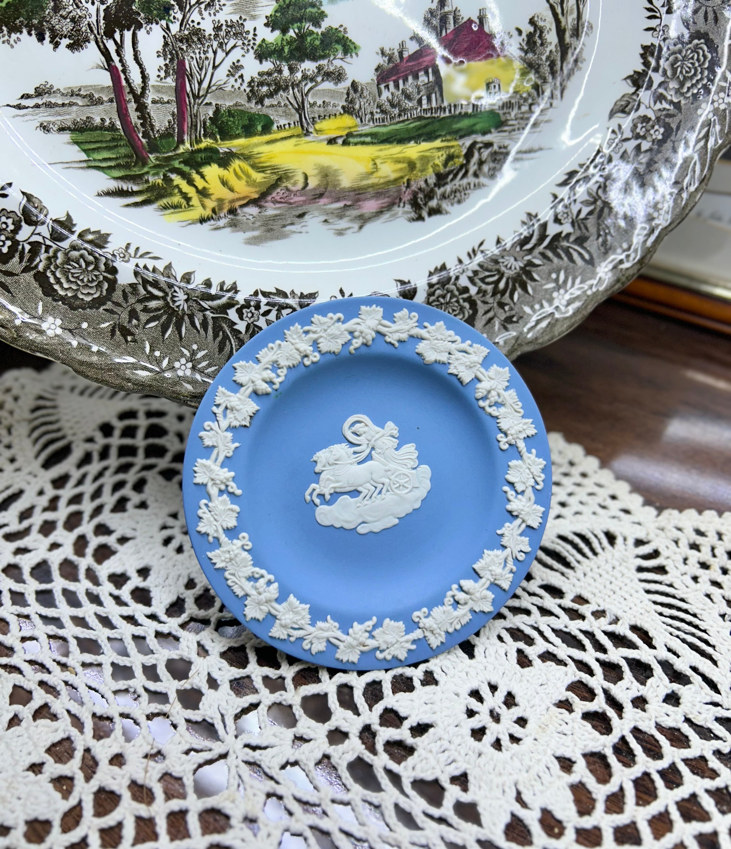 Wedgwood Blue Jasperware miniature plate — featuring a white classical chariot scene.