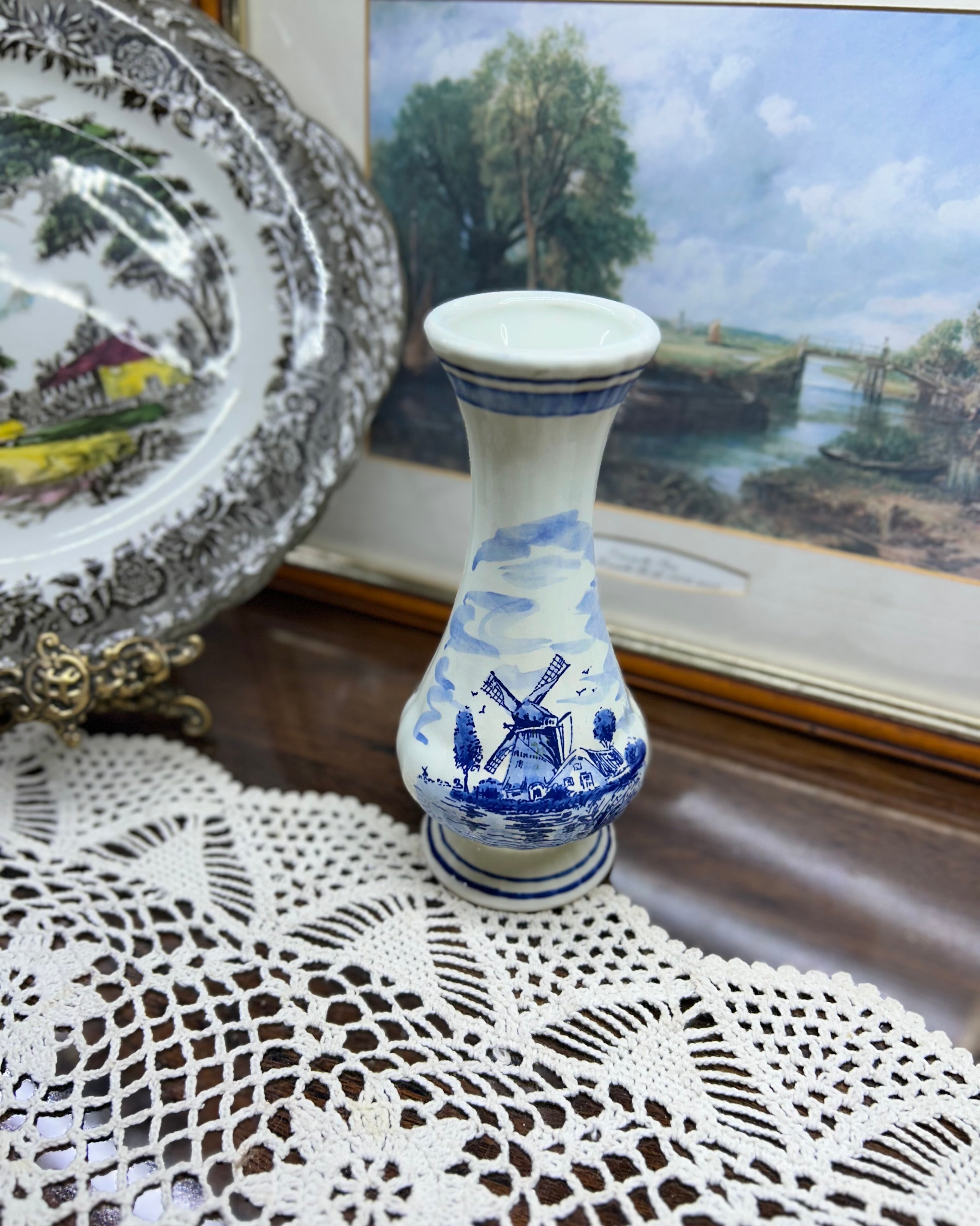Vintage Delft Blue Holland porcelain vase, hand-painted with a Dutch windmill landscape scene.