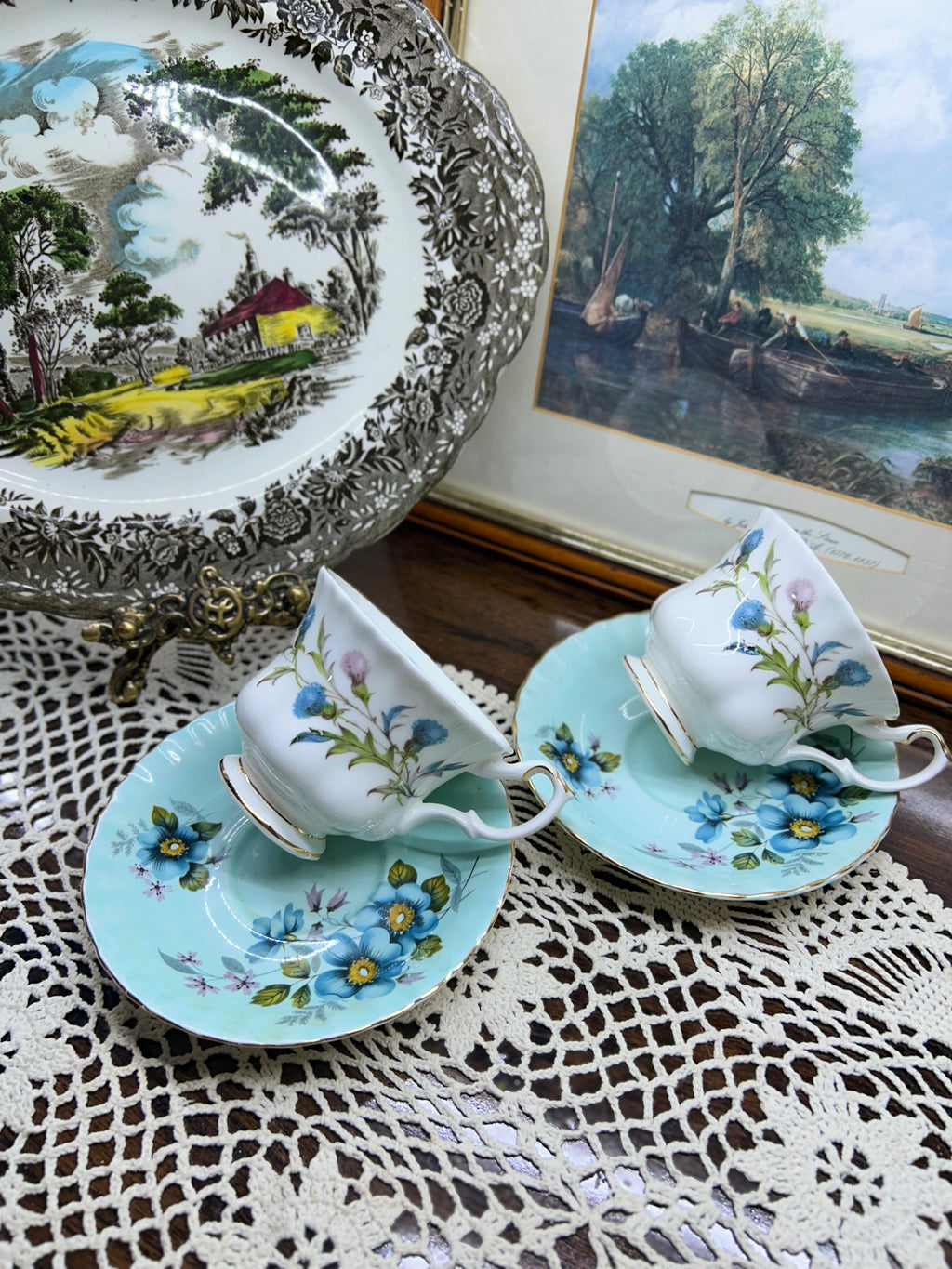 Royal Albert “Brigadoon” teacup and saucer set, featuring a Scottish thistle pattern