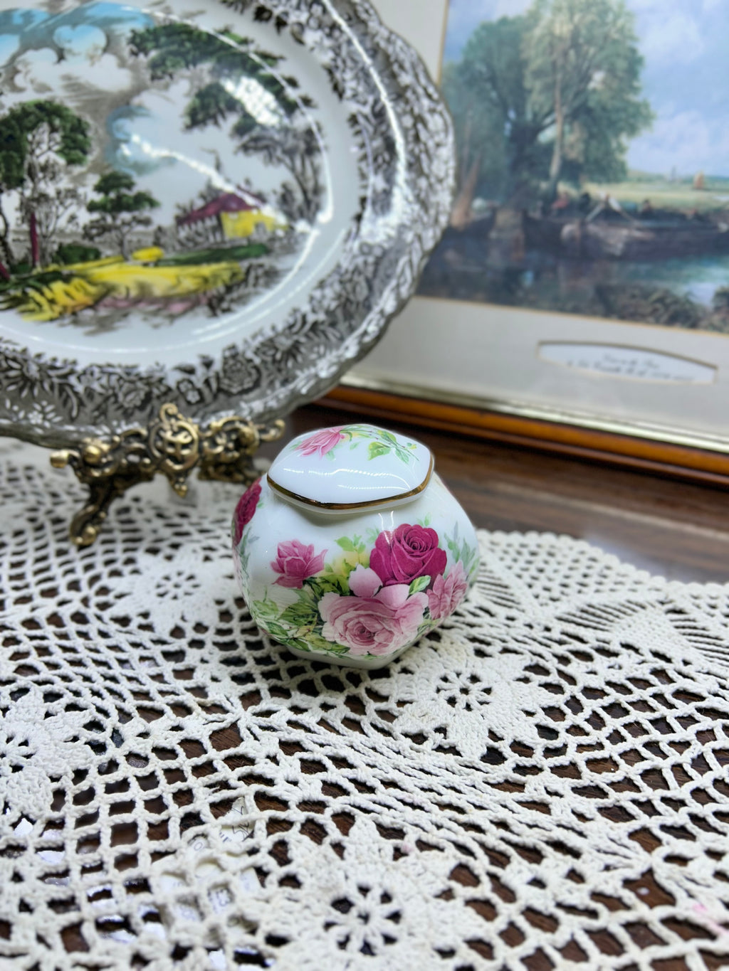 Vintage crown floral preserve pot — England