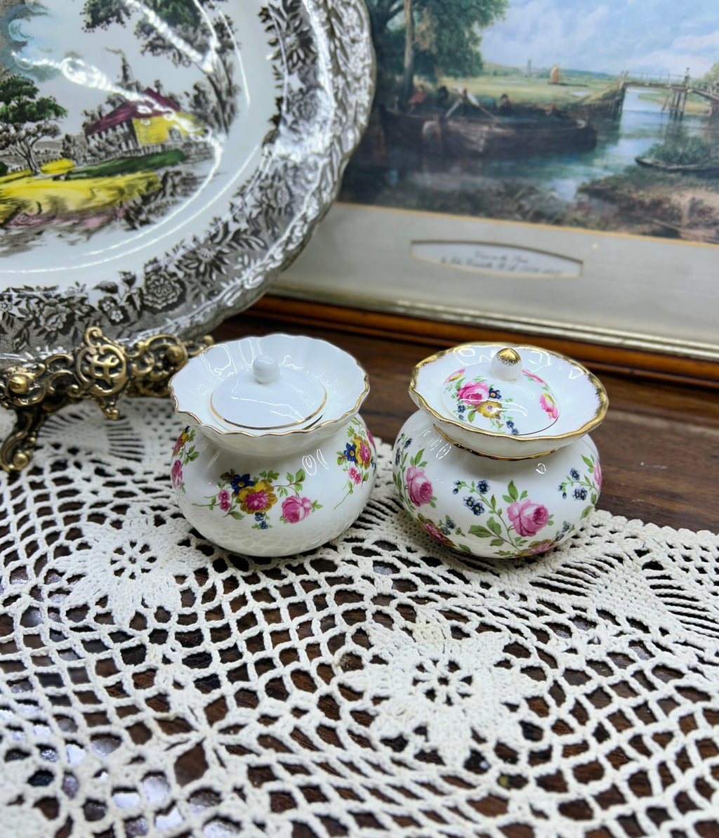 Vintage FENTON china floral rose pattern lidded trinket pots — PAIR