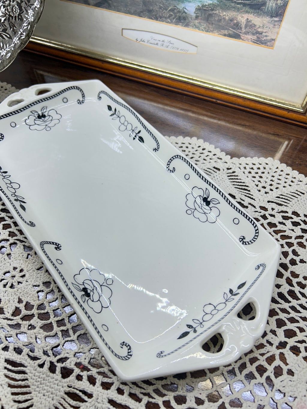 WOOD & SONS’s rectangular dish featuring a rope pattern with ornate handles 14”