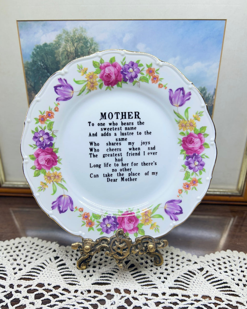 Vintage decorative floral patterned  "Mother" poem plate — Japan