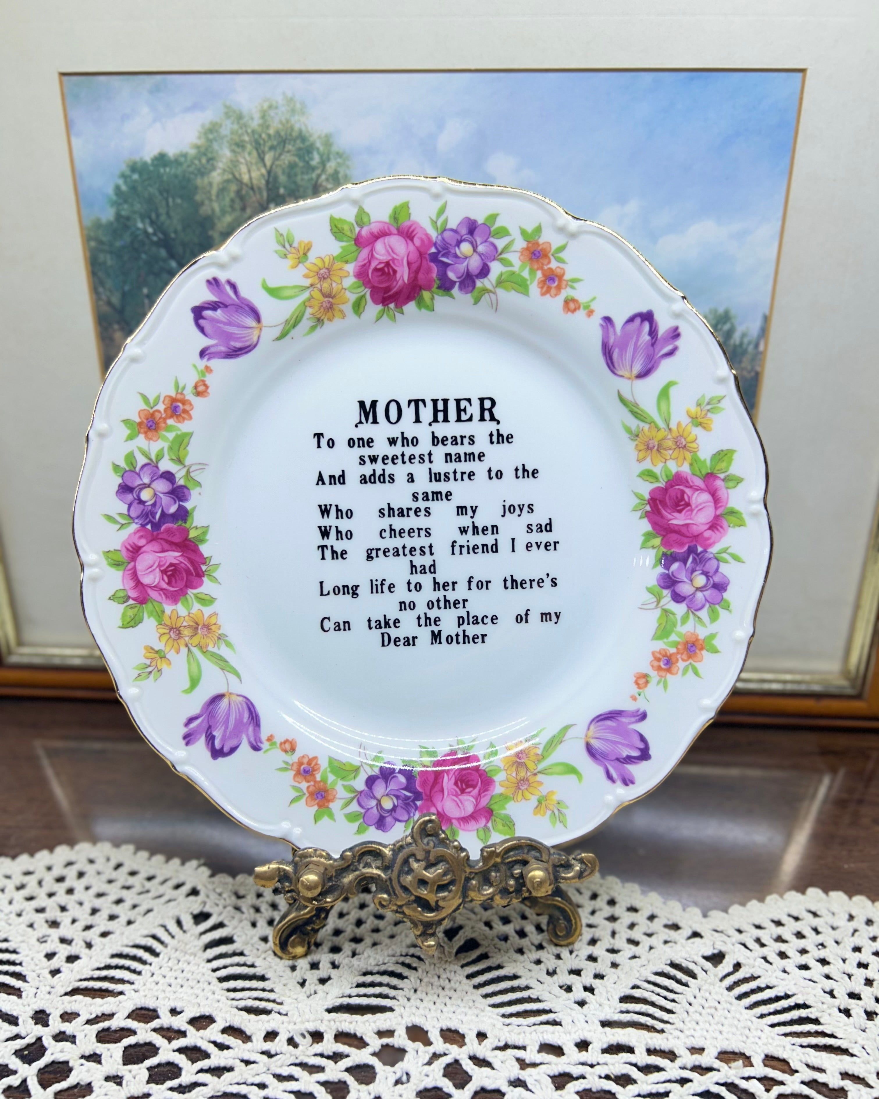 Vintage decorative floral patterned  "Mother" poem plate — Japan