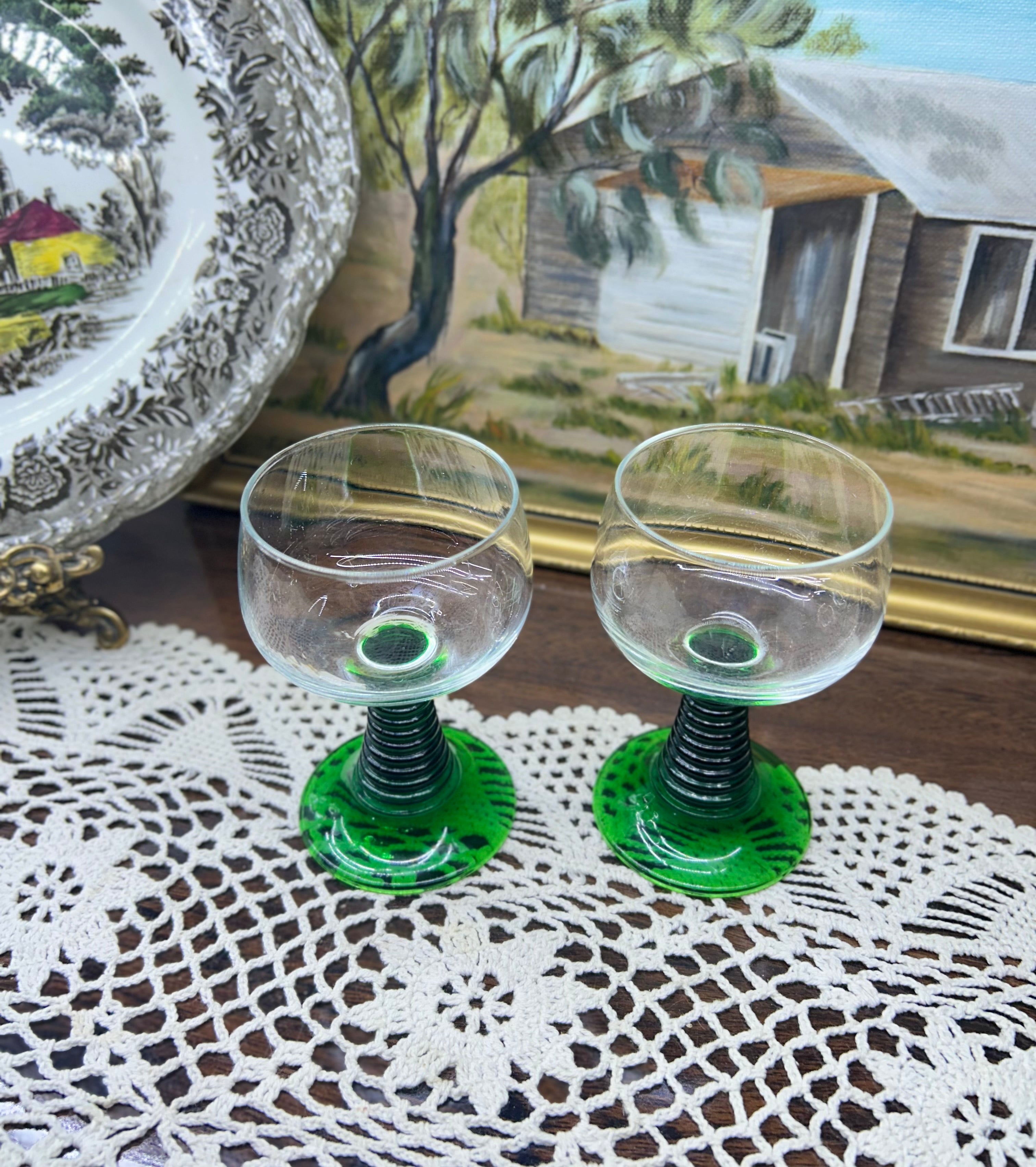 vintage Luminarc French "Römer" wine glasses with green ribbed beehive stems — Set of 2