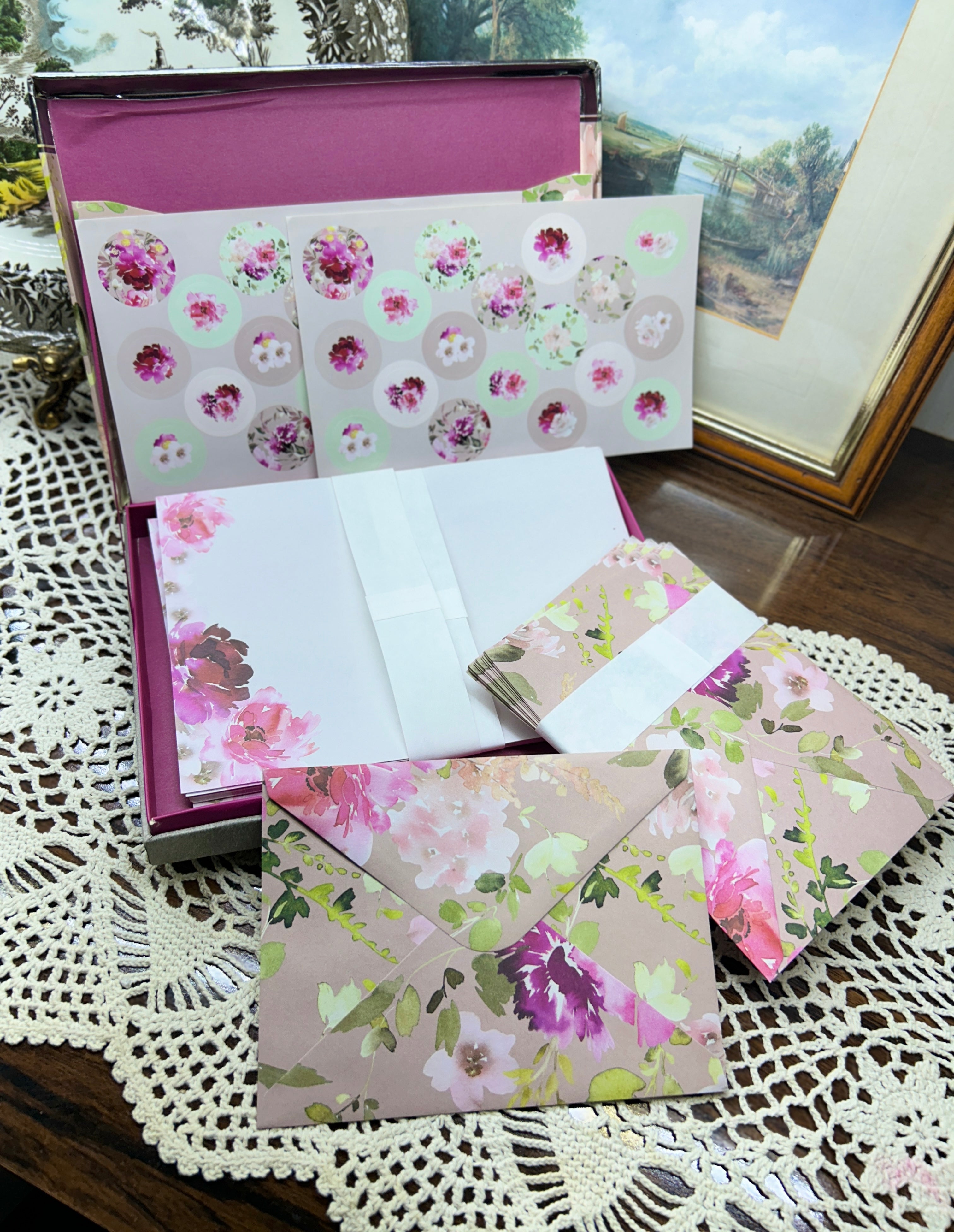 Paragon "Passion" writing set featuring a floral design on a pink background — boxed