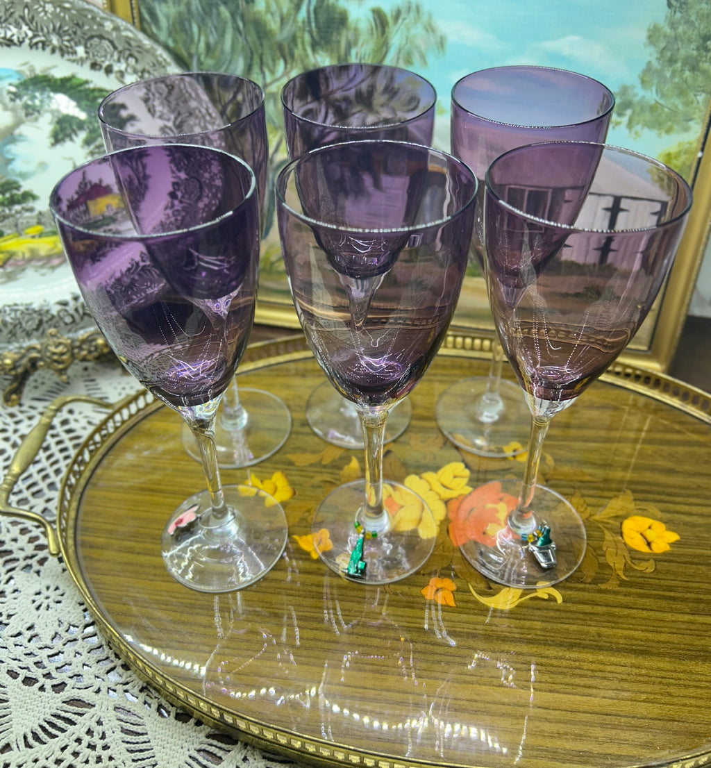 Vintage Amethyst optic art Glass Mid-century stemmed tall glasses — set of six