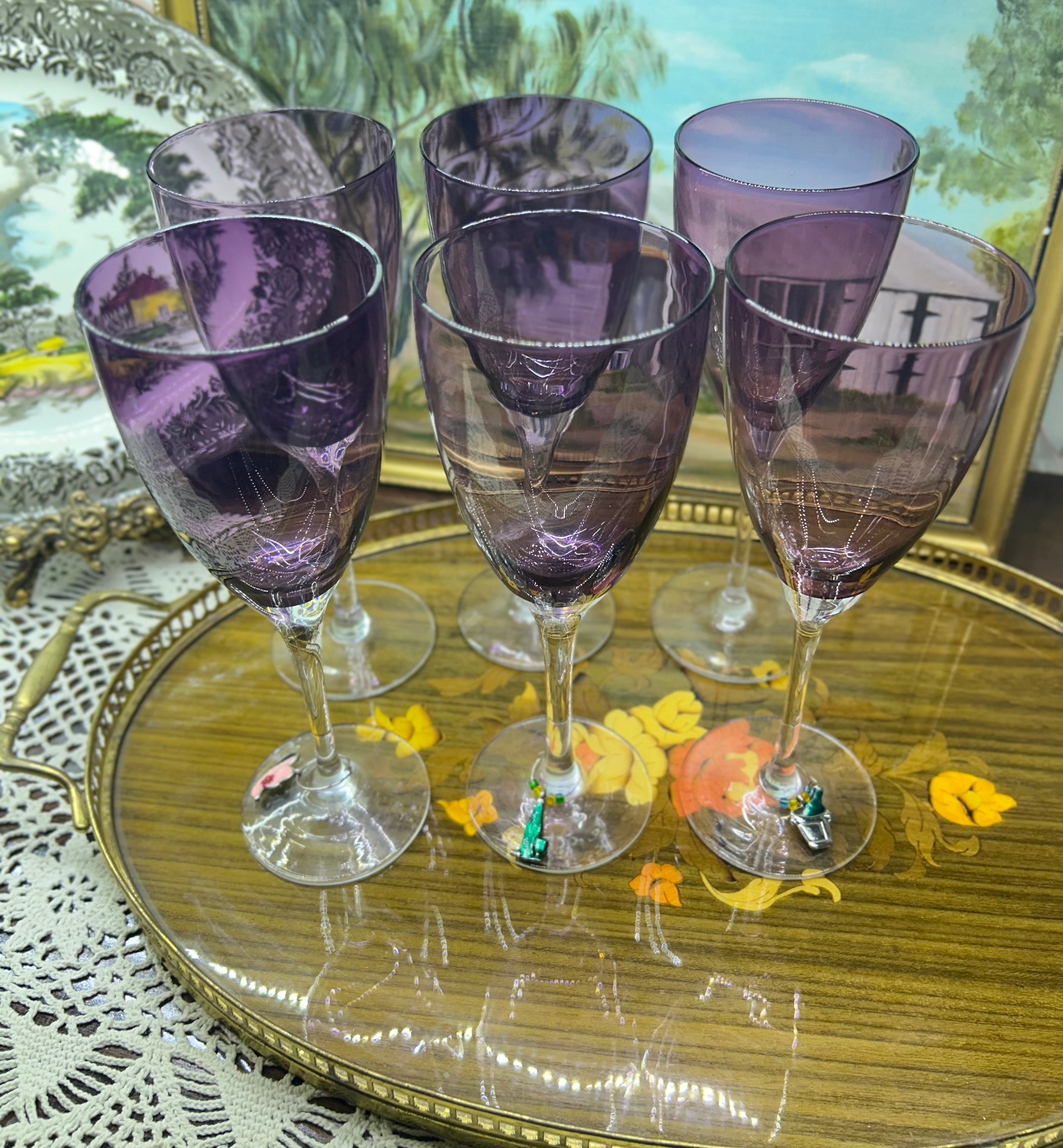Vintage Amethyst optic art Glass Mid-century stemmed tall glasses — set of six