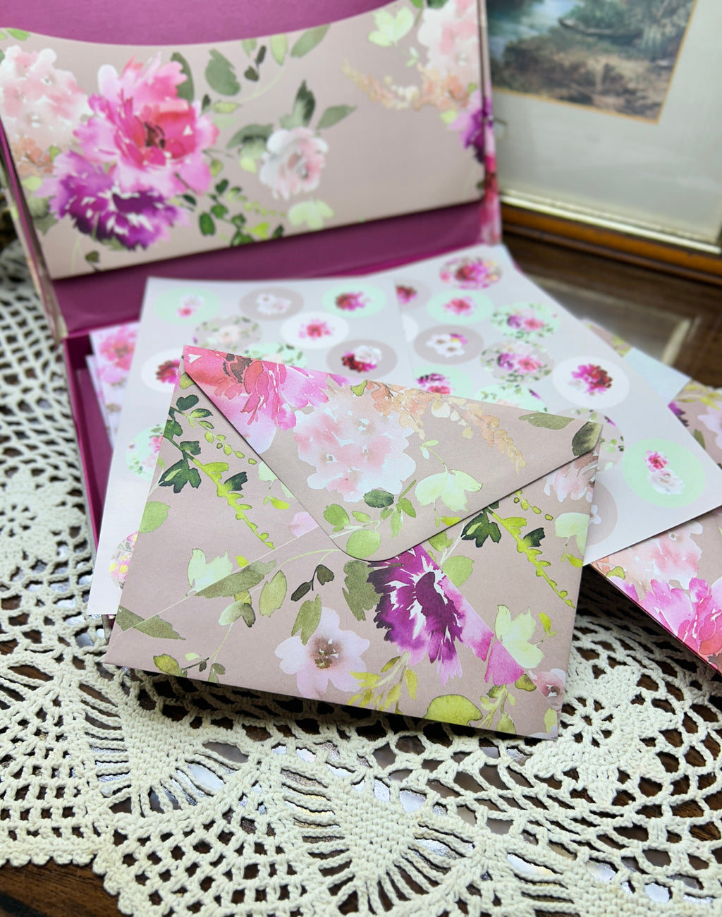 Paragon "Passion" writing set featuring a floral design on a pink background — boxed