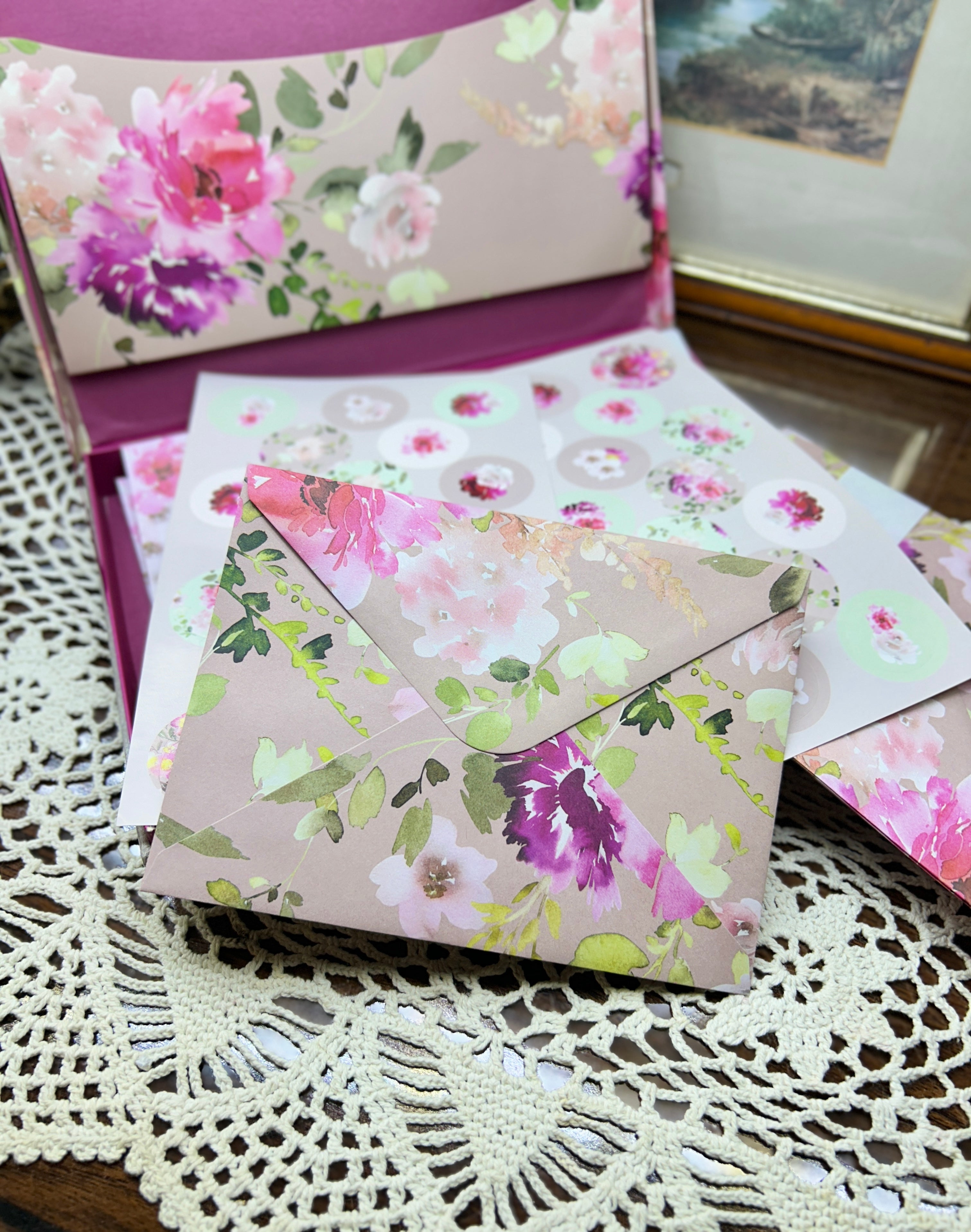 Paragon "Passion" writing set featuring a floral design on a pink background — boxed
