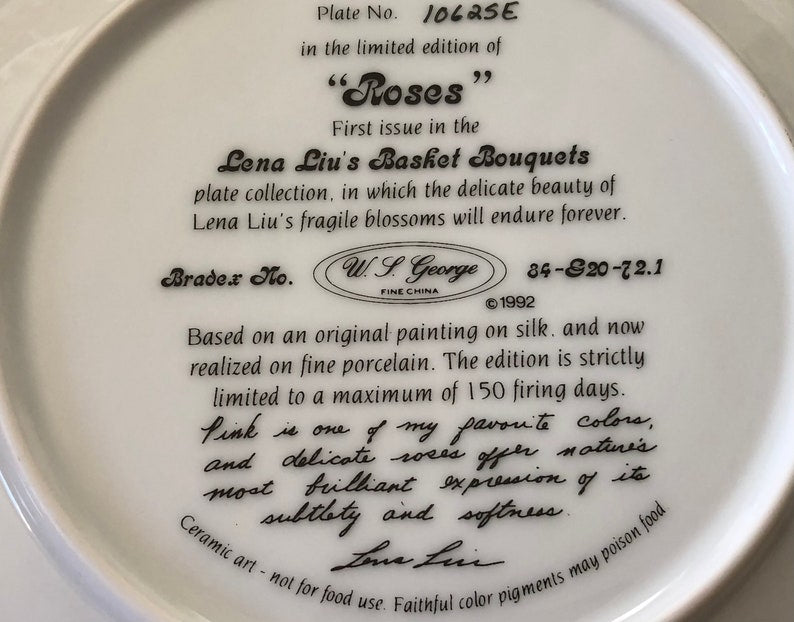 Lena Liu's Basket Bouquets "Roses" Collectors Plate by WS George, 1992 LIMITED EDITION