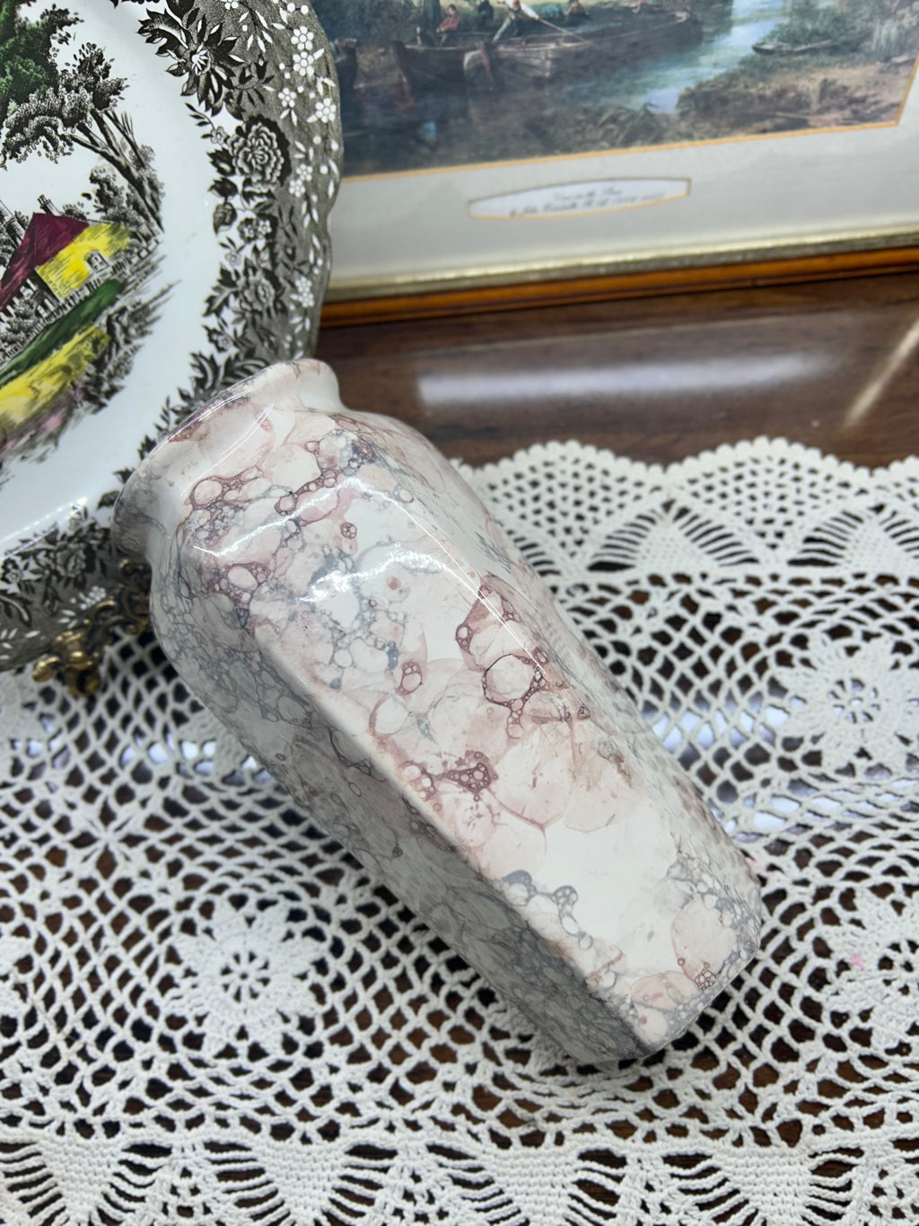 Vintage ceramic vase featuring a unique marbled or bubble-glaze pattern