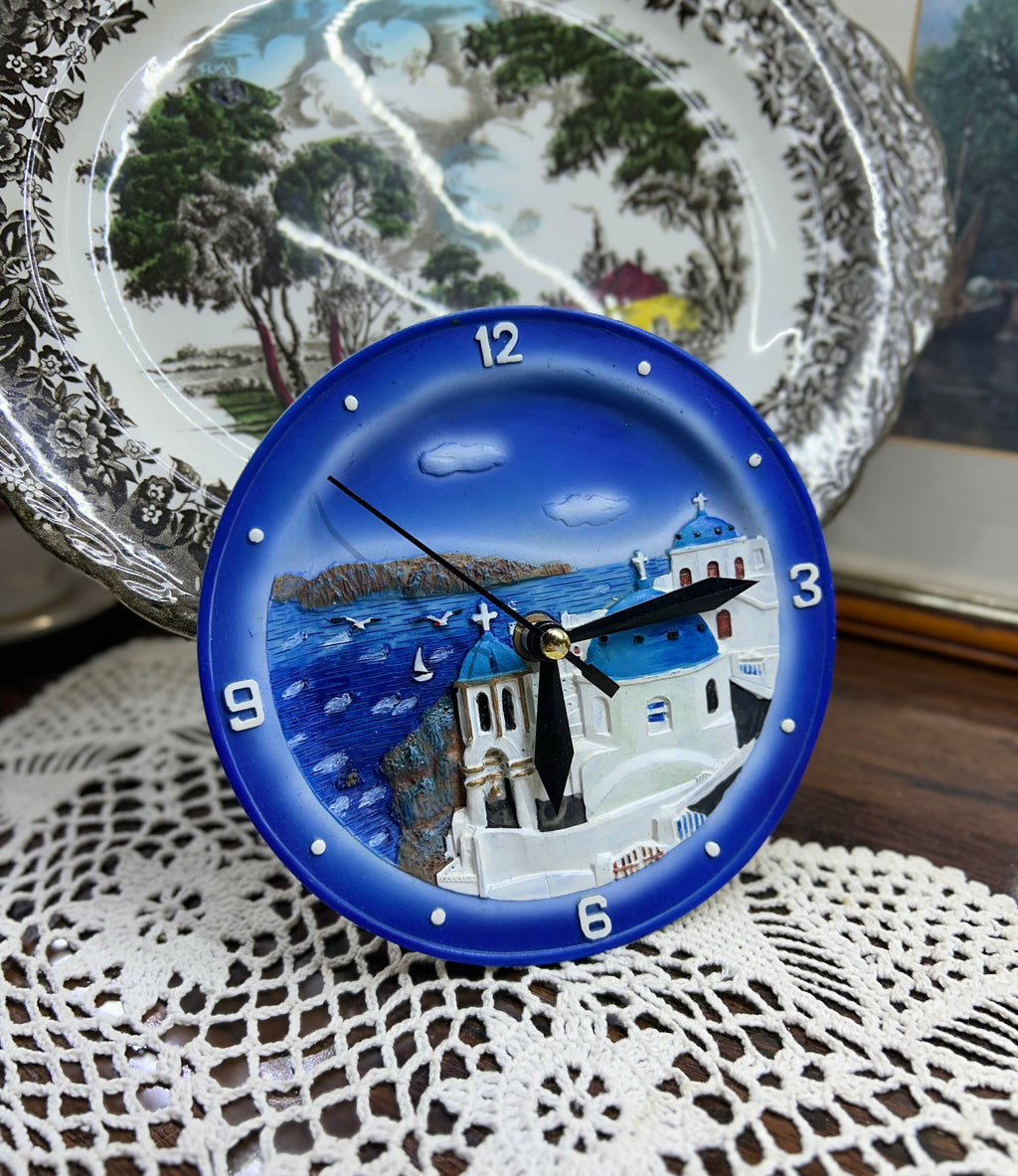 Vintage SANTORINI Mediterranean hand-painted resin clock 5” — Greece