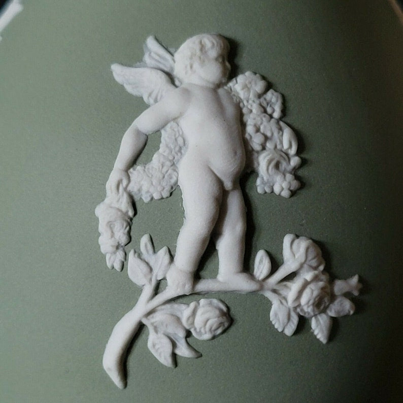 Vintage Wedgwood Jasperware Bud Vase Sage Green w Cherub & Floral Design 5”