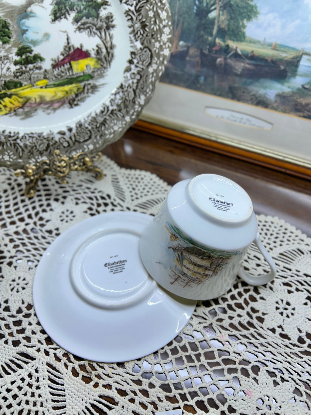 Vintage Elizabethan “sailing ship” large teacup and saucer set — England