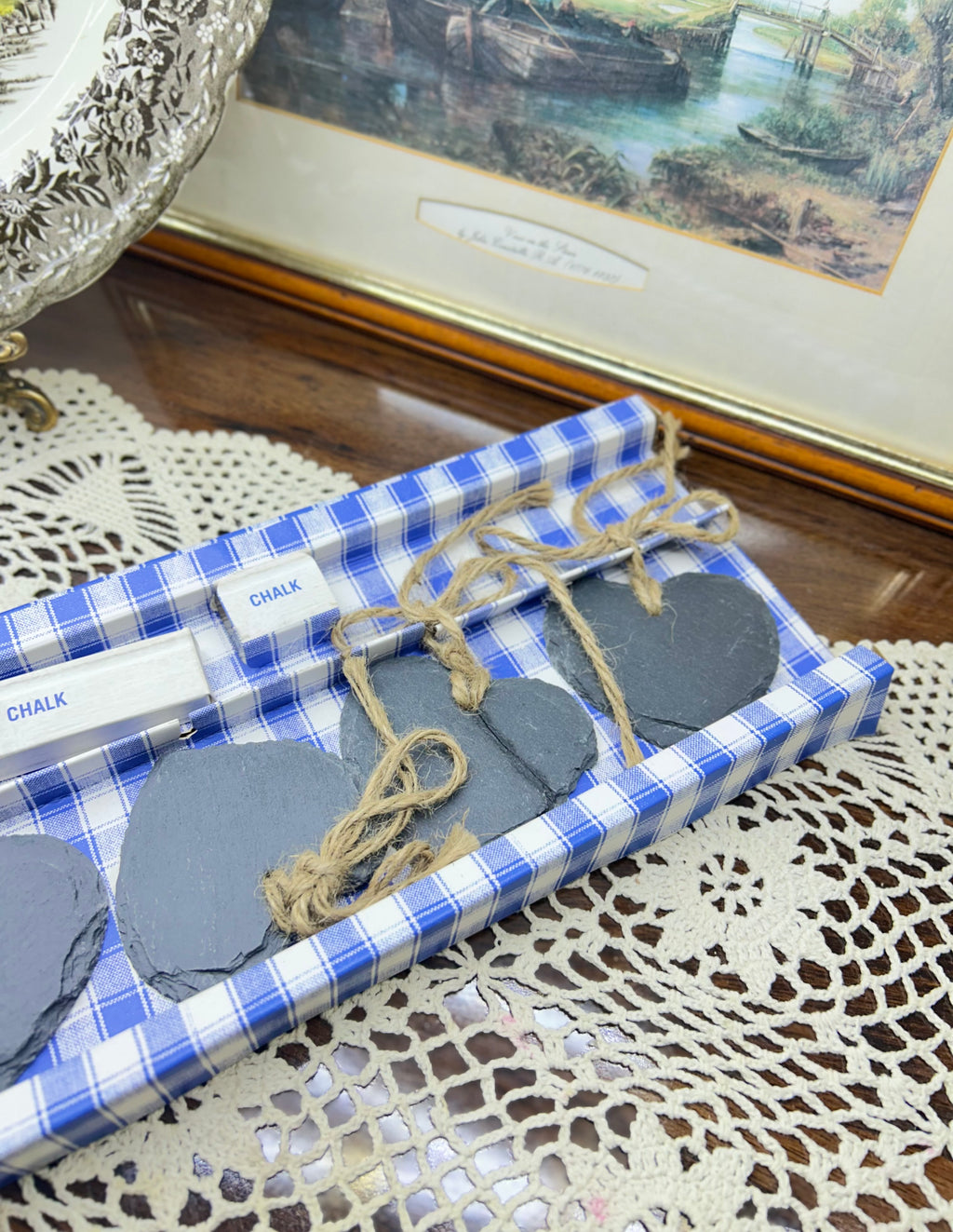Bistro Bleu branded set of heart-shaped slate place settings with twine & chalk