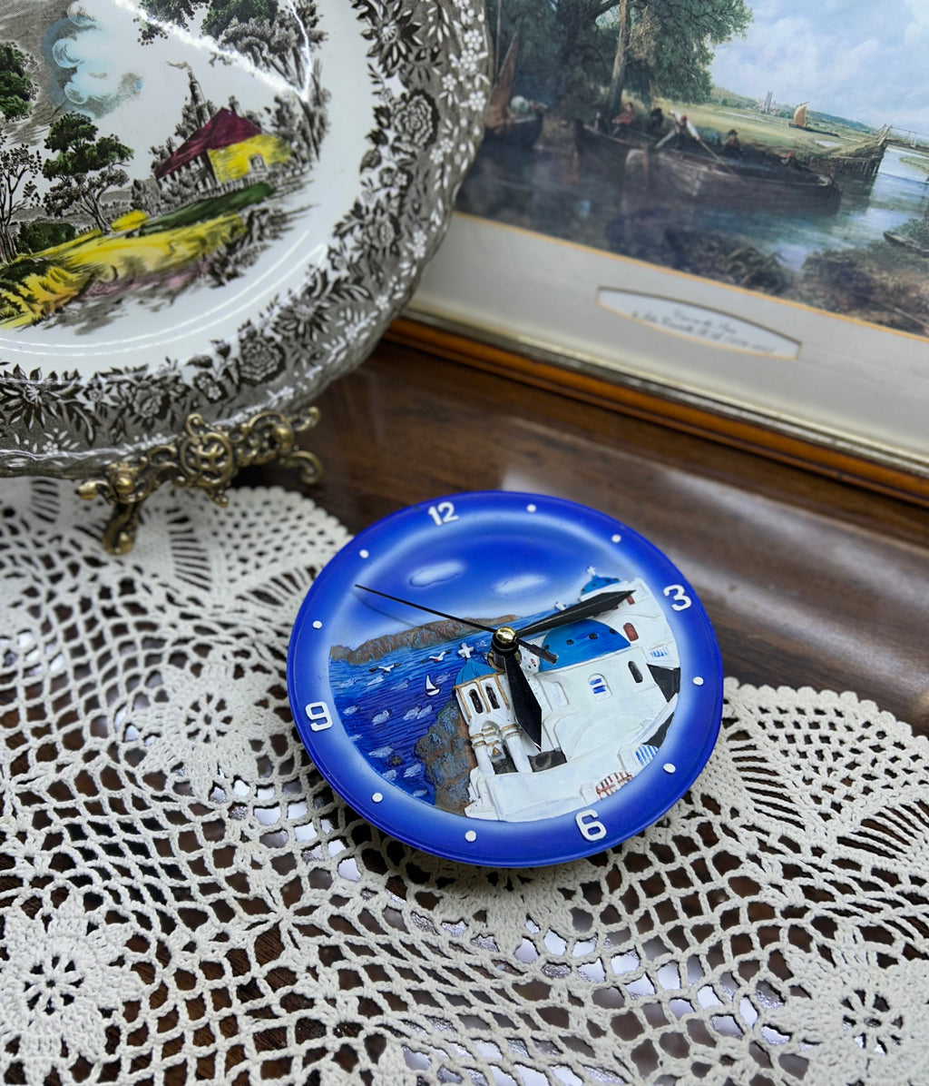 Vintage SANTORINI Mediterranean hand-painted resin clock 5” — Greece