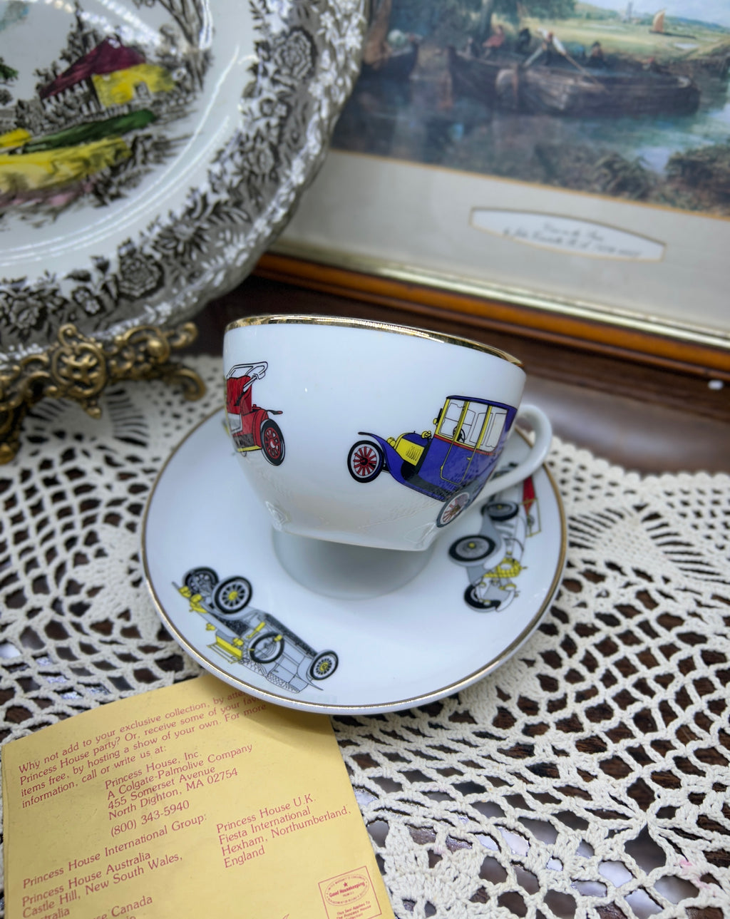 vintage Princess House cup and saucer set with antique car illustrations — Rare find