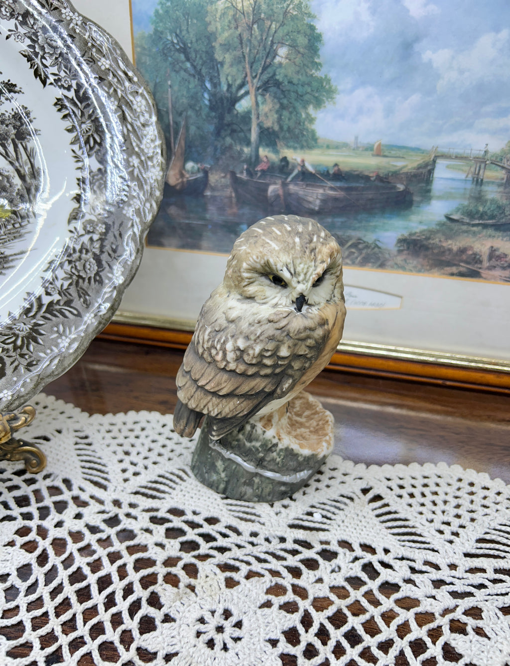Vintage hand painted owl figurine 5”