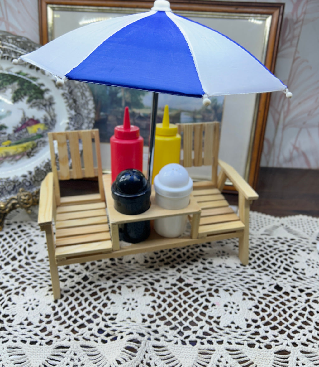 Double Beach Lounger Condiment Set" featuring a beach-themed  design